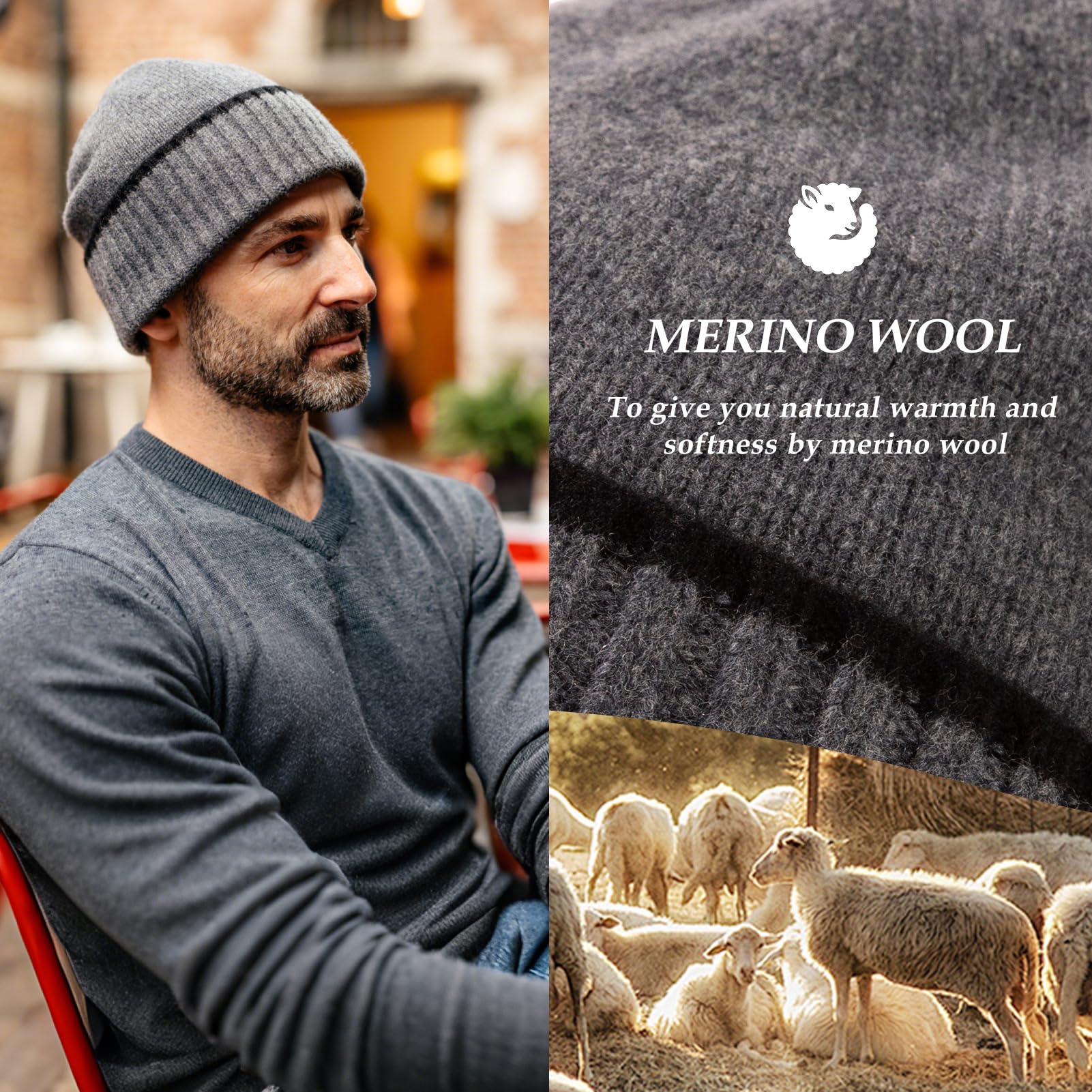 TOP-EX XL/XXL 50%-100% Merinowolle Beanies Mützen Herren Fleece gefüttert Strickmütze Warme Wintermützen Bündchen Beanie