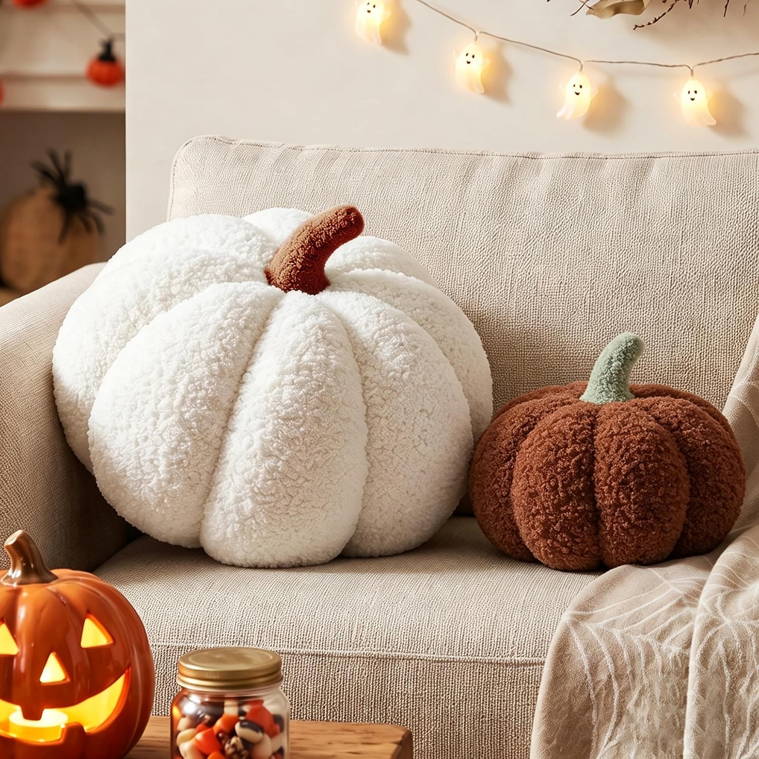 XIAIJIA 2Pcs Pumpkin Pillow, Halloween Fall Throw Pillows,Off White