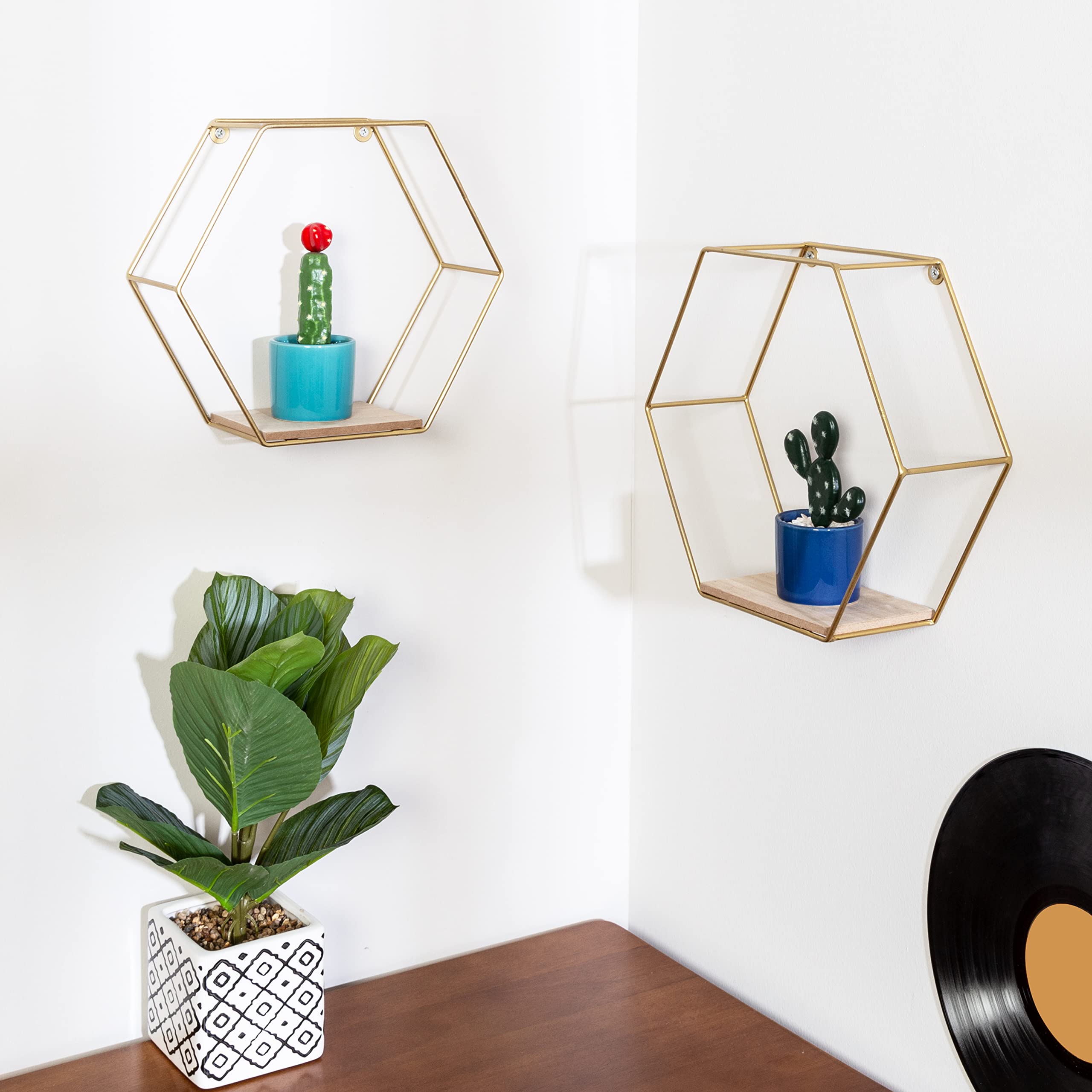 Honey-Can-Do Set of Hexagonal Decorative Metal Wall Shelves, Gold SHF-09351 Gold