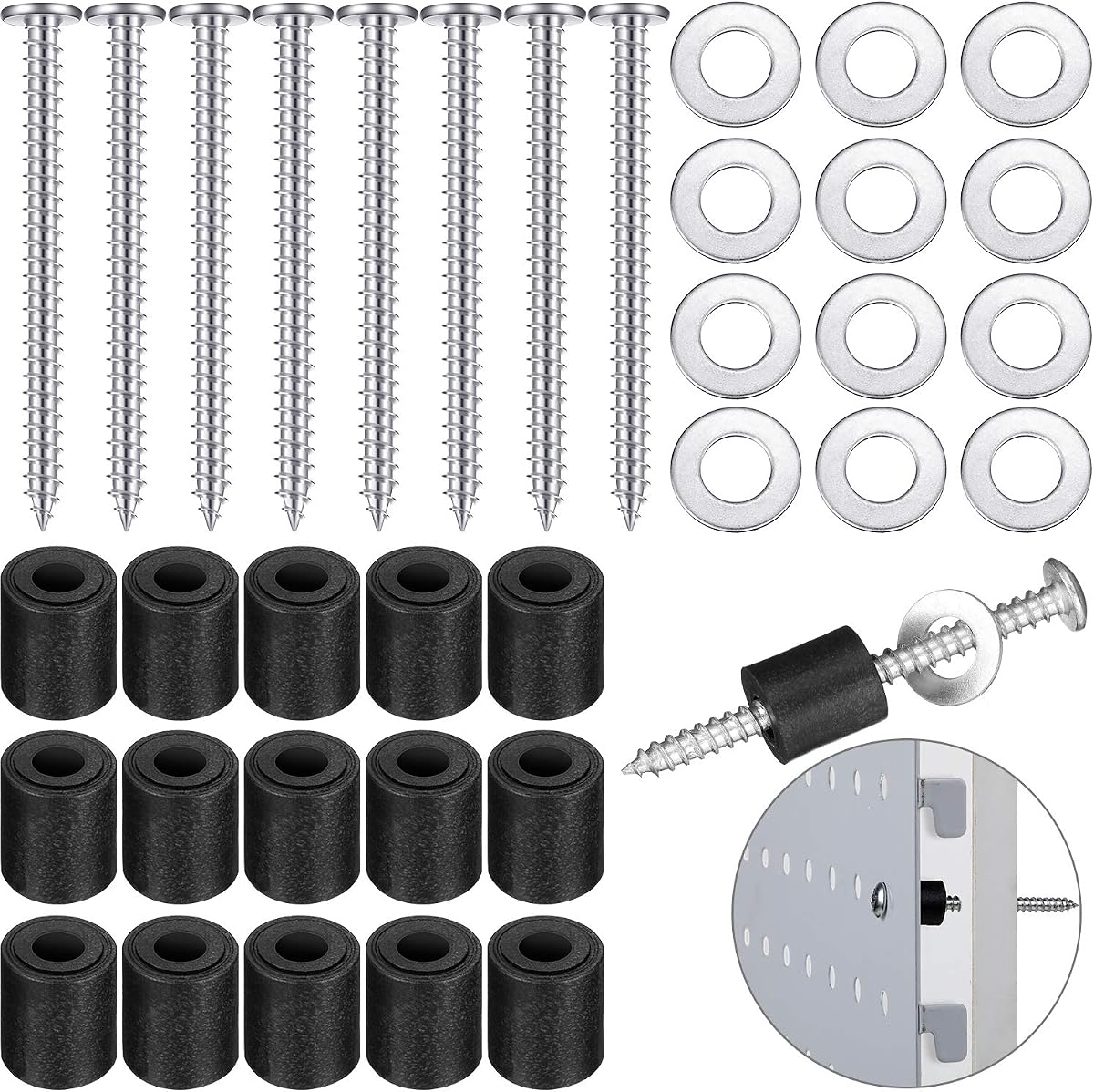 Hotop 24 Sets Pegboard Spacers Mounting Kit with Screws and Washers | Magnetic Compatible, Fits 1/8-inch and 1/4-inch Boards, for Pegboard Wall Mount, Garage Workshop Storage Solutions