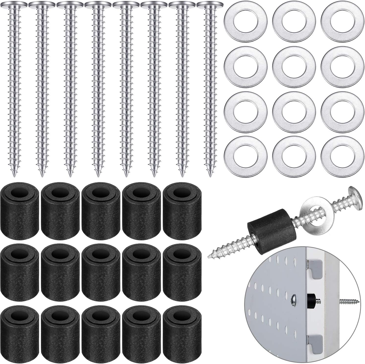 Hotop 48 Sets Pegboard Spacers Mounting Kit with Screws and Washers | Magnetic Compatible, Fits 1/8-inch and 1/4-inch Boards, for Pegboard Wall Mount, Garage Workshop Storage Solutions