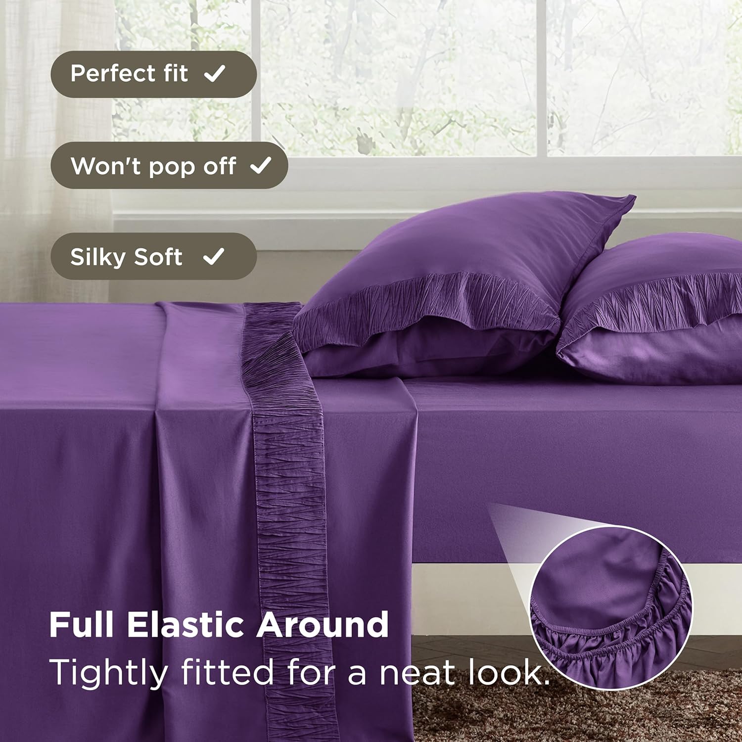 Bedsure California King Sheet Sets - 4 Pieces Soft Cal King Sheets - Breathable & Cooling - Hotel Luxury - Easy Care Polyester Microfiber Bedding for Women, Men, Purple - Image 6