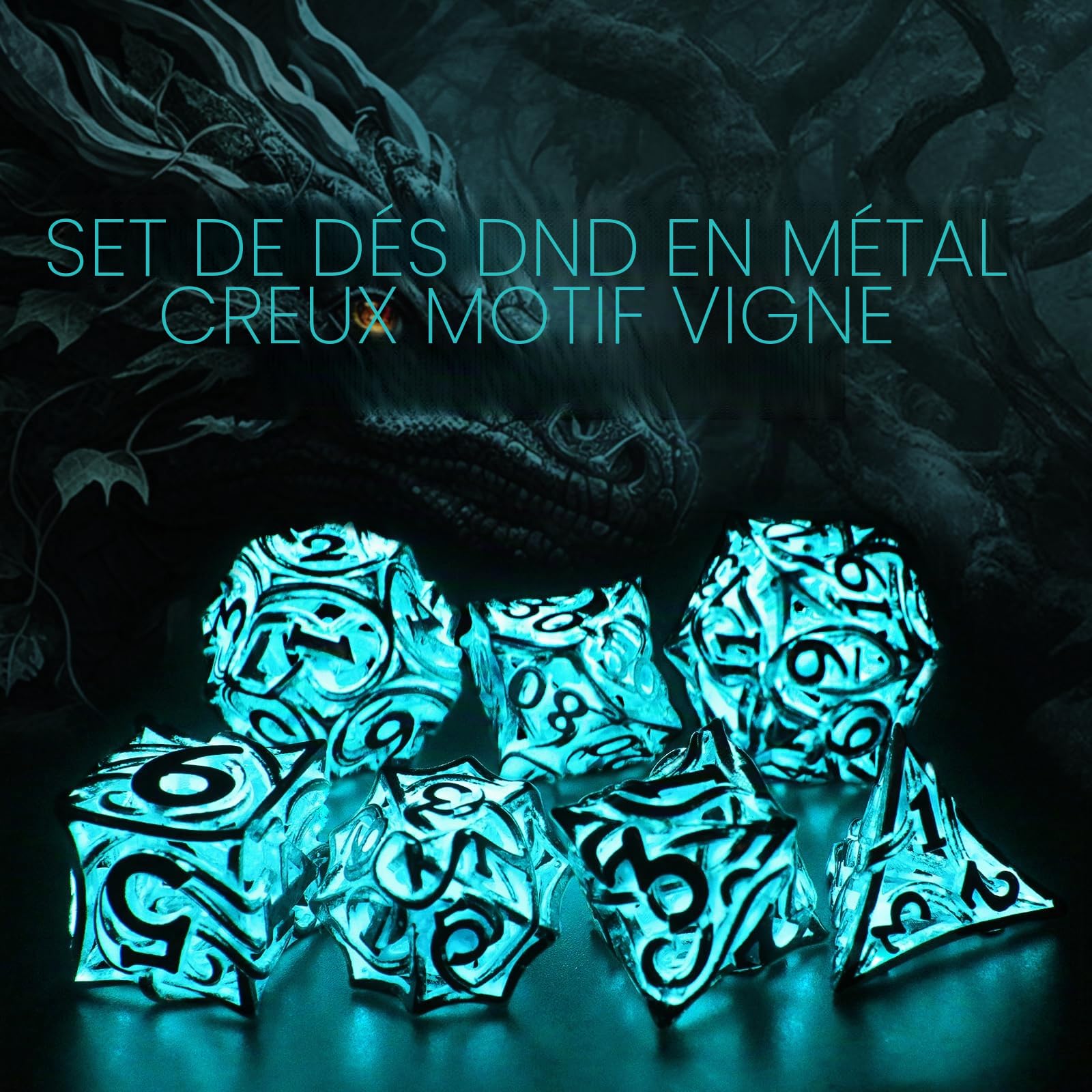 FONVGOGO Lot de 7 dés DND phosphorescents en métal pour Donjons et Dragon – Jeu de dés polyédriques creux en métal creux pour jeu de rôle – Vigne bleu vif