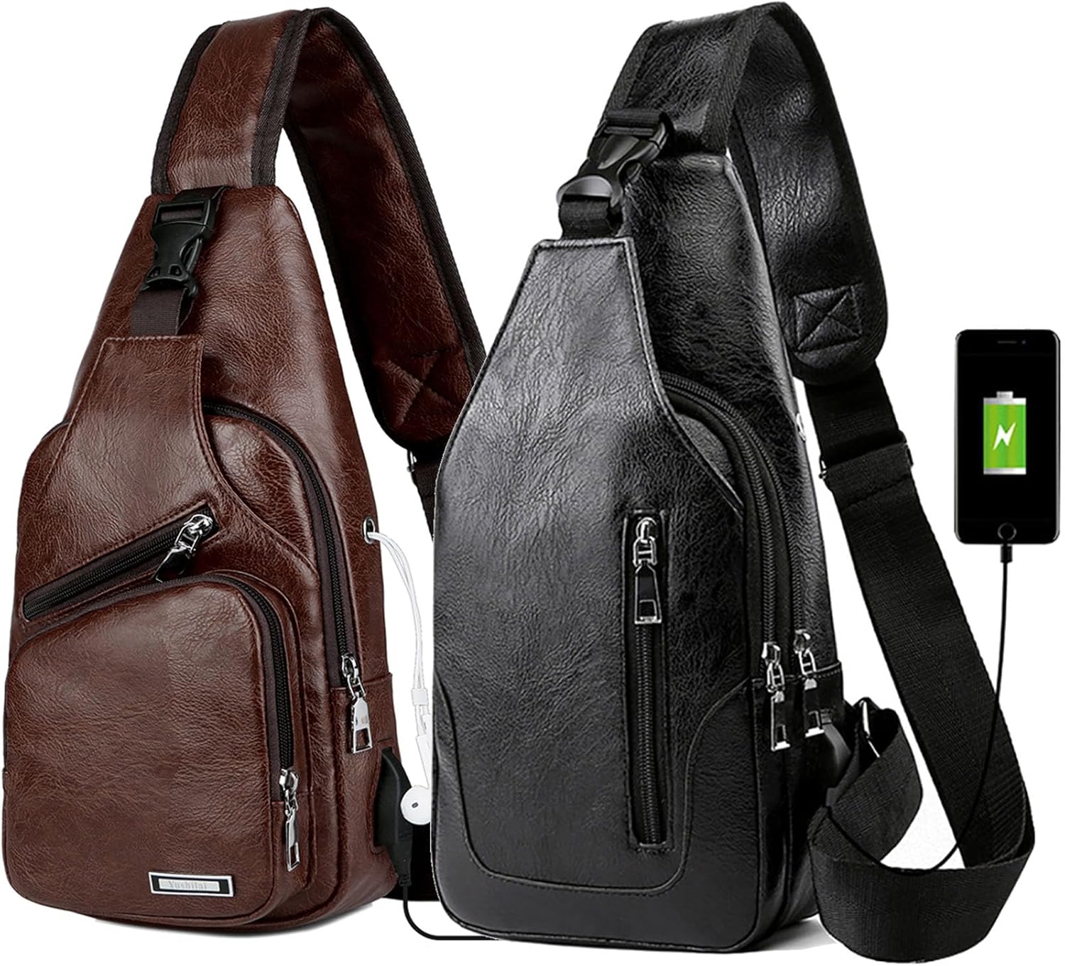 Peicees Pack of 2 Leather Sling Bag Mens Crossbody Bag Chest Bag Sling Backpack for Men with USB Charge Port, Classic Dark Brown & Vertical Zipper Black