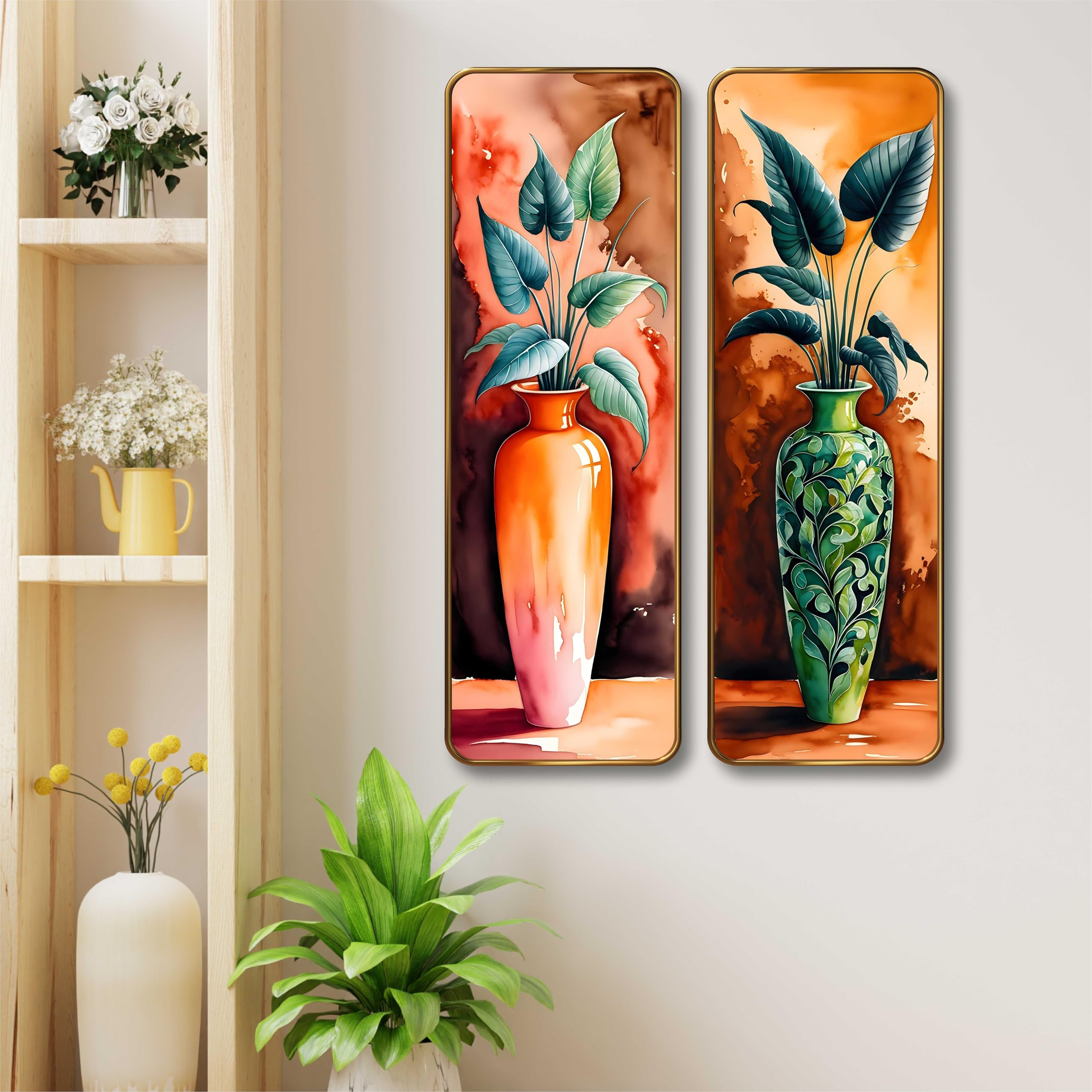 Vase Plant Set of 2 Vertical MDF Wall Panels | Premium Sparkle Lamination Finish | Modern Artistic Pot & Leaf Design Wall Décor for Living Room & Bedroom (12 x 18 Inch) AS-04