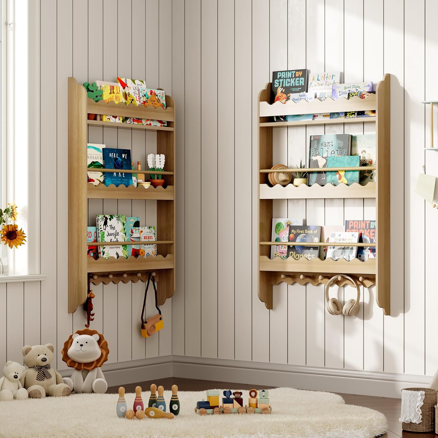 Treocho Kids Bookshelf, Wall Mounted 3-Tier Book Shelf, Kids Bookshelf and Toy Storage for Bedroom, Living Room and Nursery, Natural