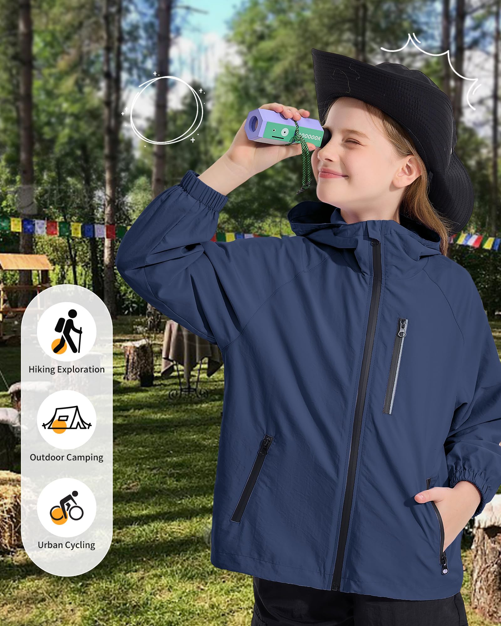 Rolanko Veste Imperméable à Capuche pour Filles, Manteau de Pluie Léger Coupe-vent Vêtements de Pluie pour Garçons de 7 à 14 Ans