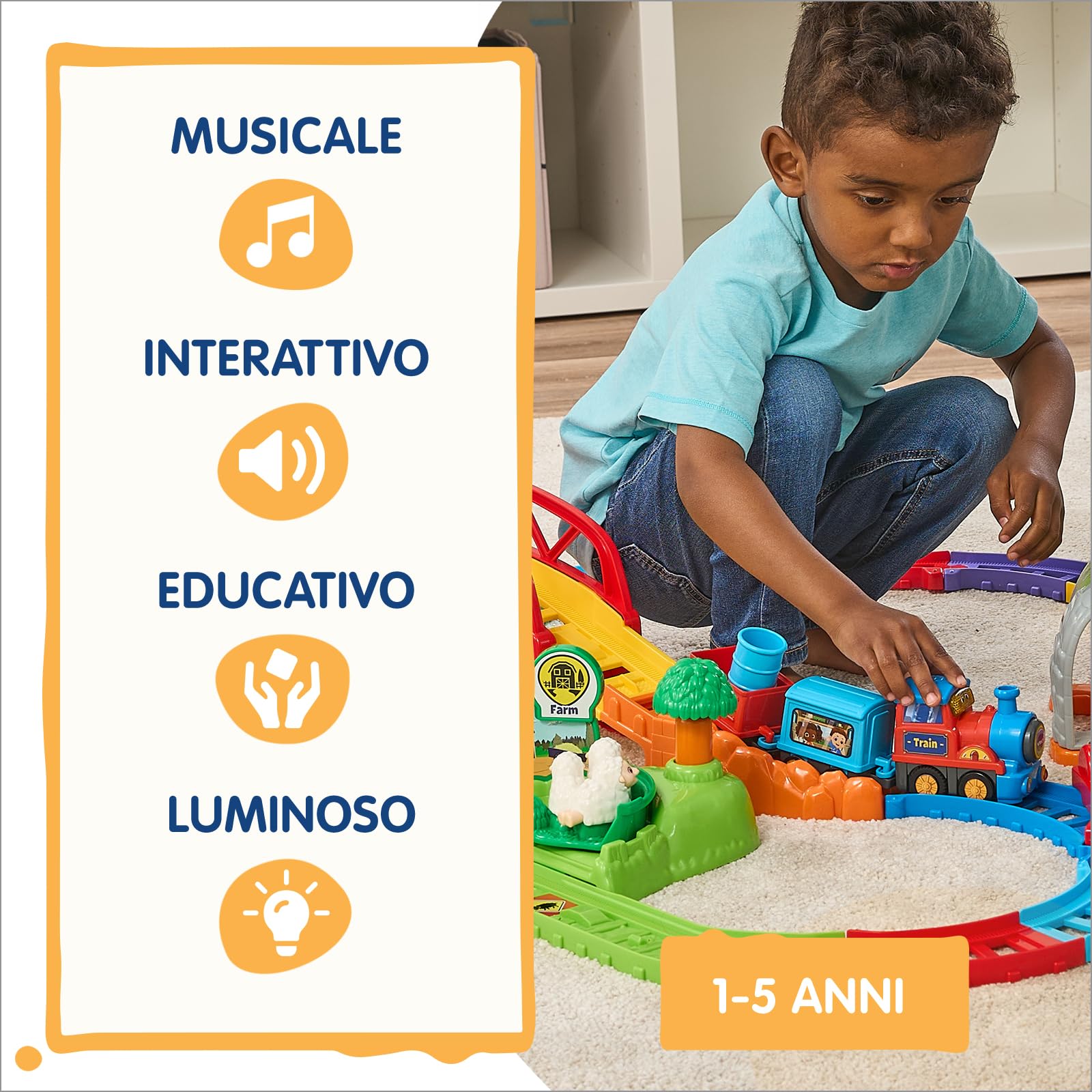 VTech Vroom Vroom Go przygody pociągiem, tor elektryczny z przeszkodami, w tym lokomotywa motoryzowana i wagony, 6 magicznych stref, włoski, baterie w zestawie, 1-5 lat