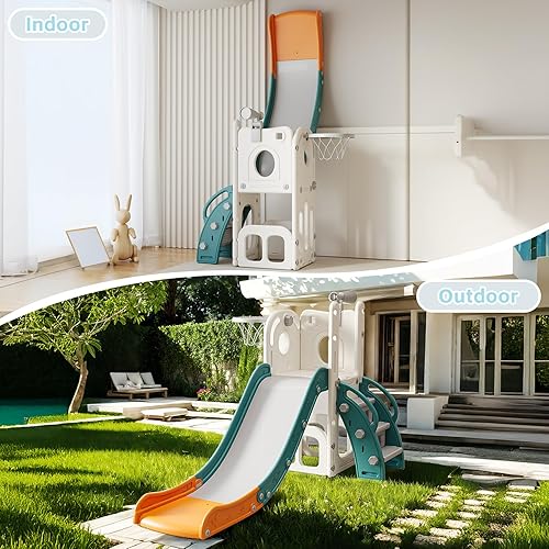 Miniatura 7 de Tobogán 6 en 1 para niños de 1 a 3 años, para interiores y exteriores, tobogán para bebés con aro de baloncesto, almacenamiento, escalador y