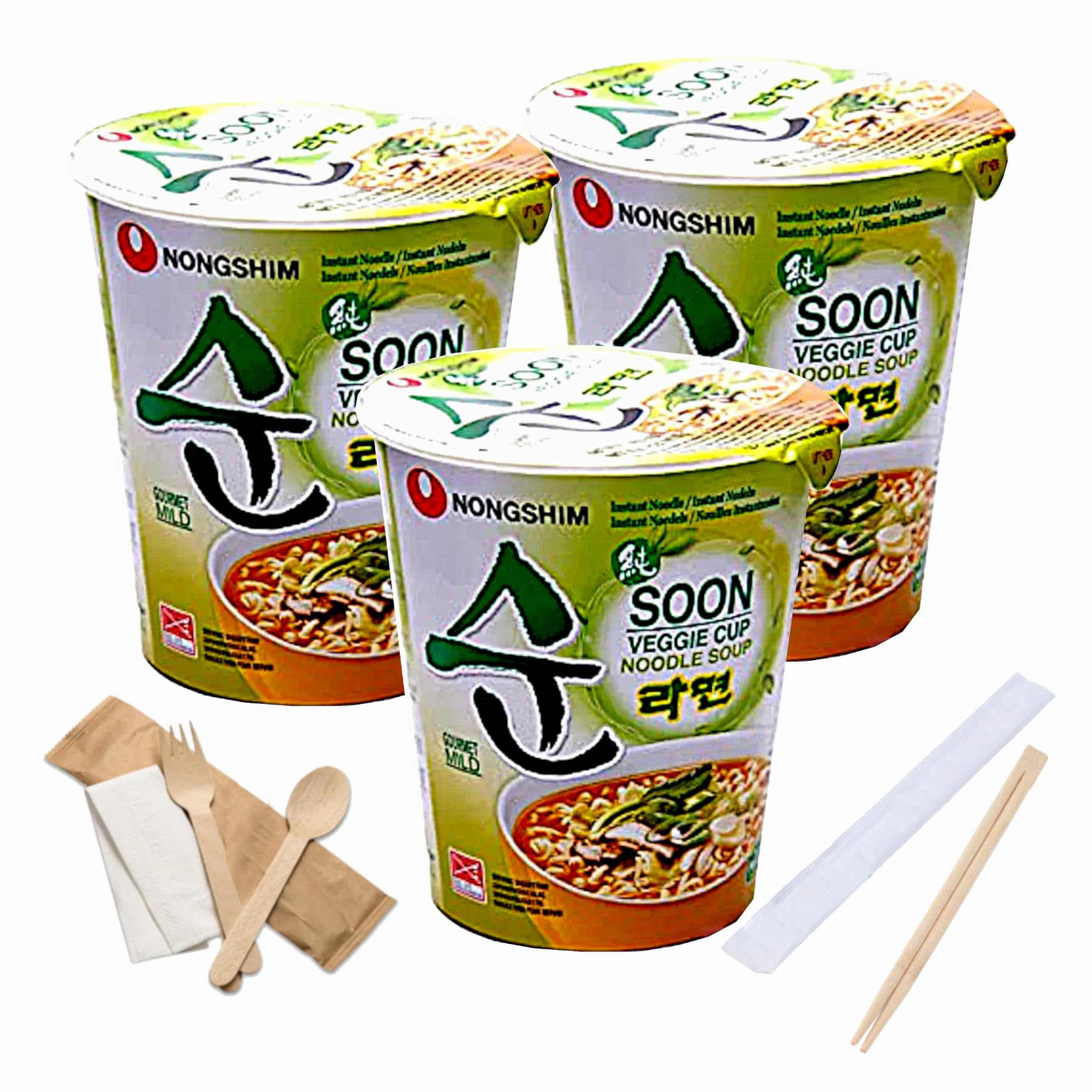 Korean Veggie Ramen Noodles Soup 3 Pack Bundle - with NongShim Veggie Ramen Cup - Tasty Vegan Friendly Pot Noodle Includes Disposable Chopsticks and Cutlery-Delicious Vegetarian Instant Pot (3 x 67g)
