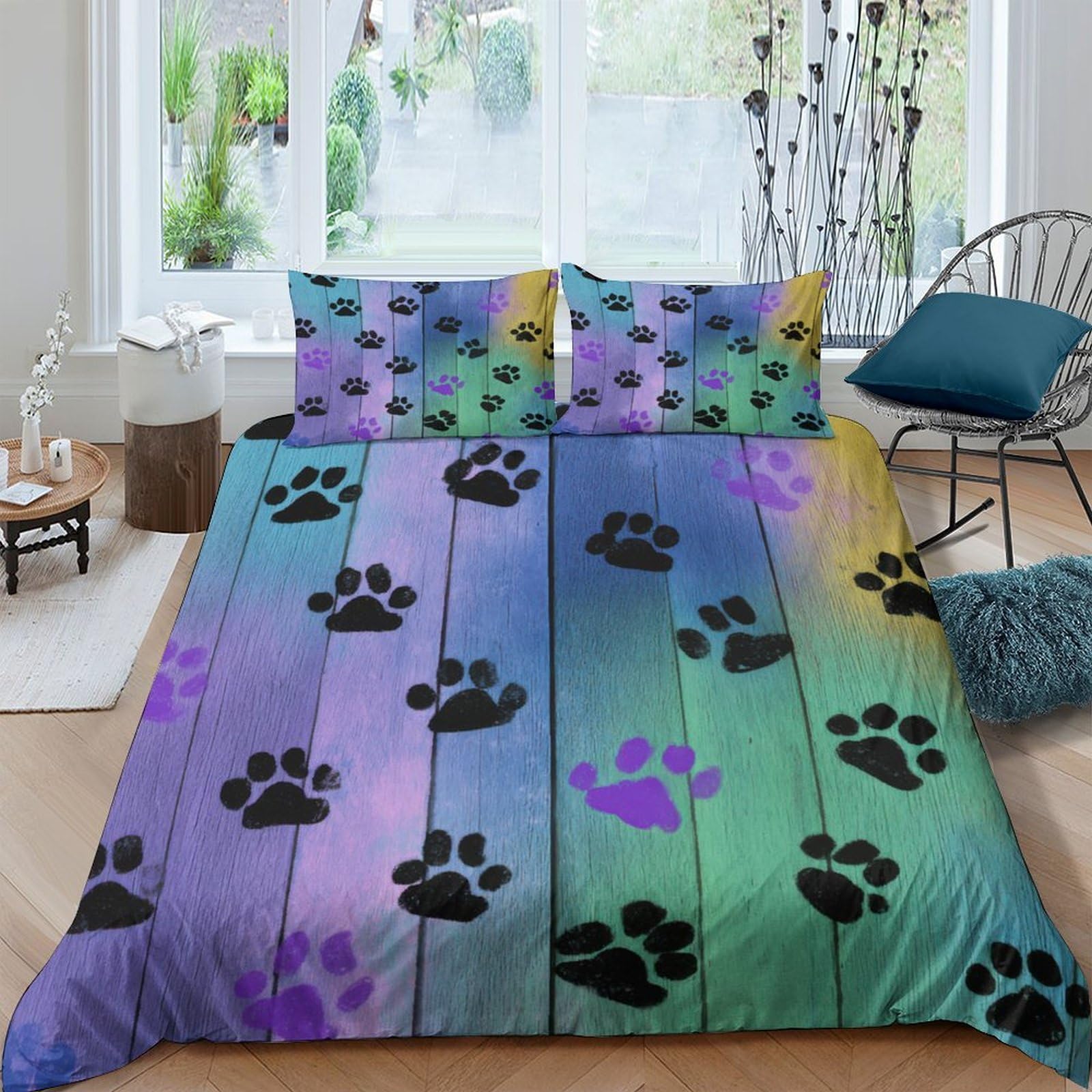 Ctjqhvkz Style-3 3D Printed Rainbow Paw Pattern Fitted Sheet Microfiber Non Slip Bed Cover For Bedroom Guest Room Machine Washable Single（135X200cm）
