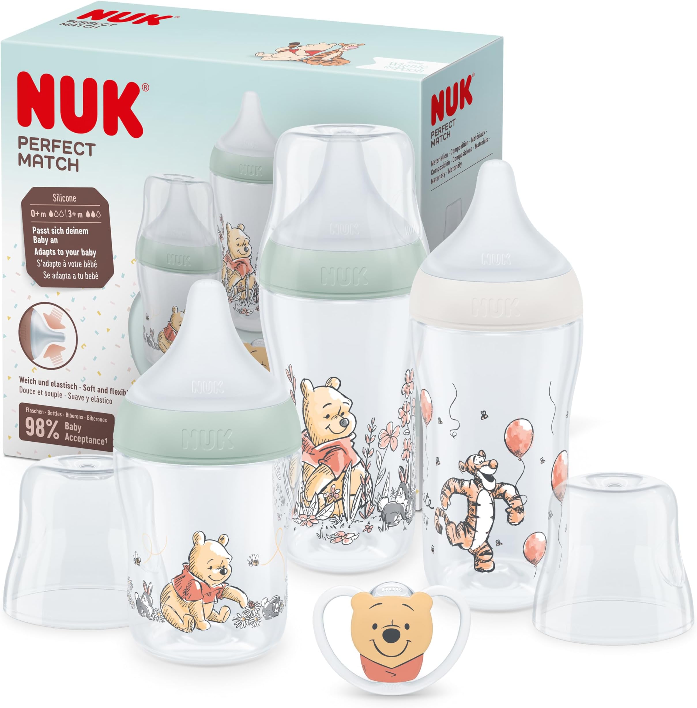 Perfect Match Baby Bottles Set | 0-6+ Months | Adapts to Baby's Palate | 3 x Anti Colic Baby Bottles & Space Soother | BPA-Free | Disney Winnie the Pooh | 4 Count