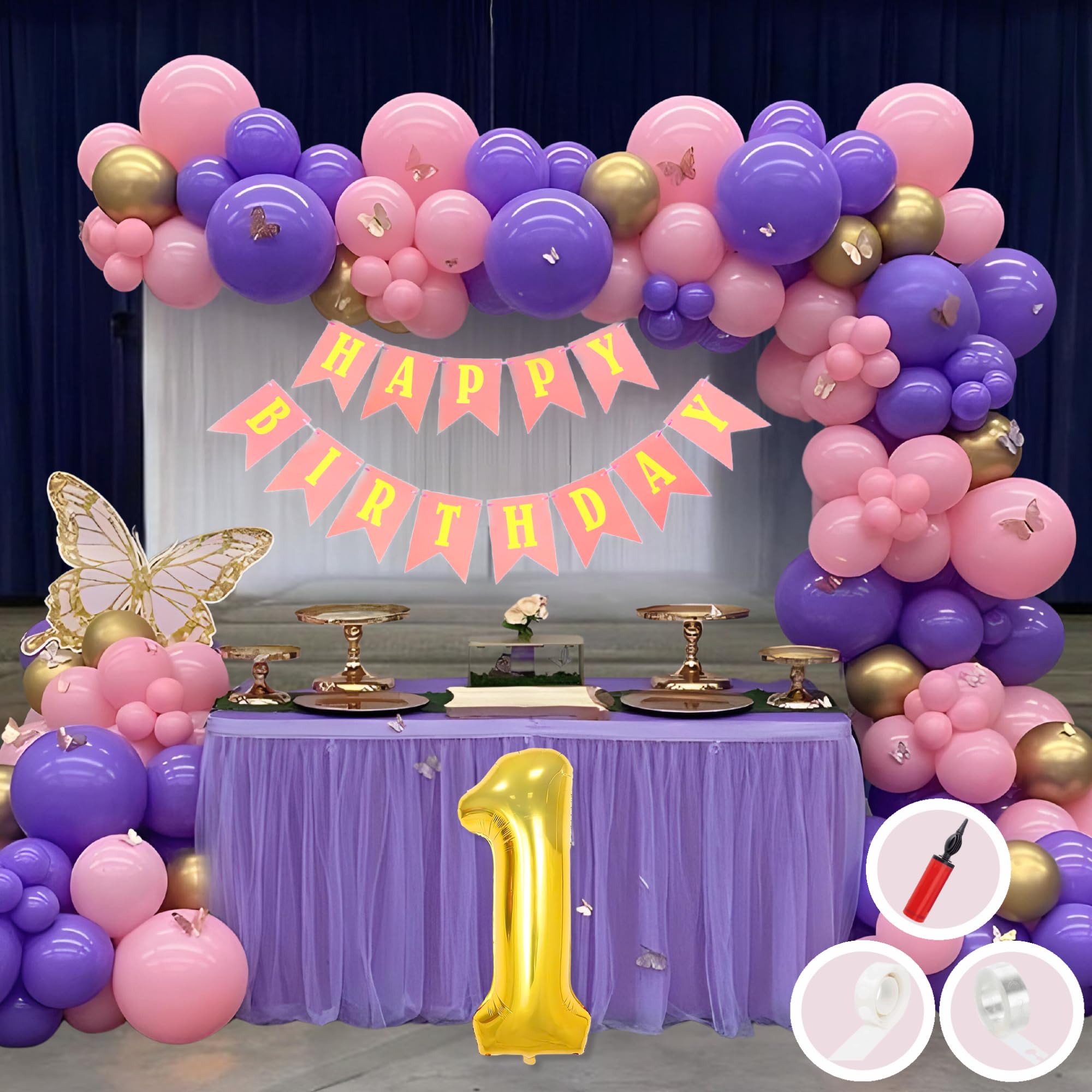 First Birthday Decoration Kit, Pink Purple and Gold Balloon Set, 50 Pieces