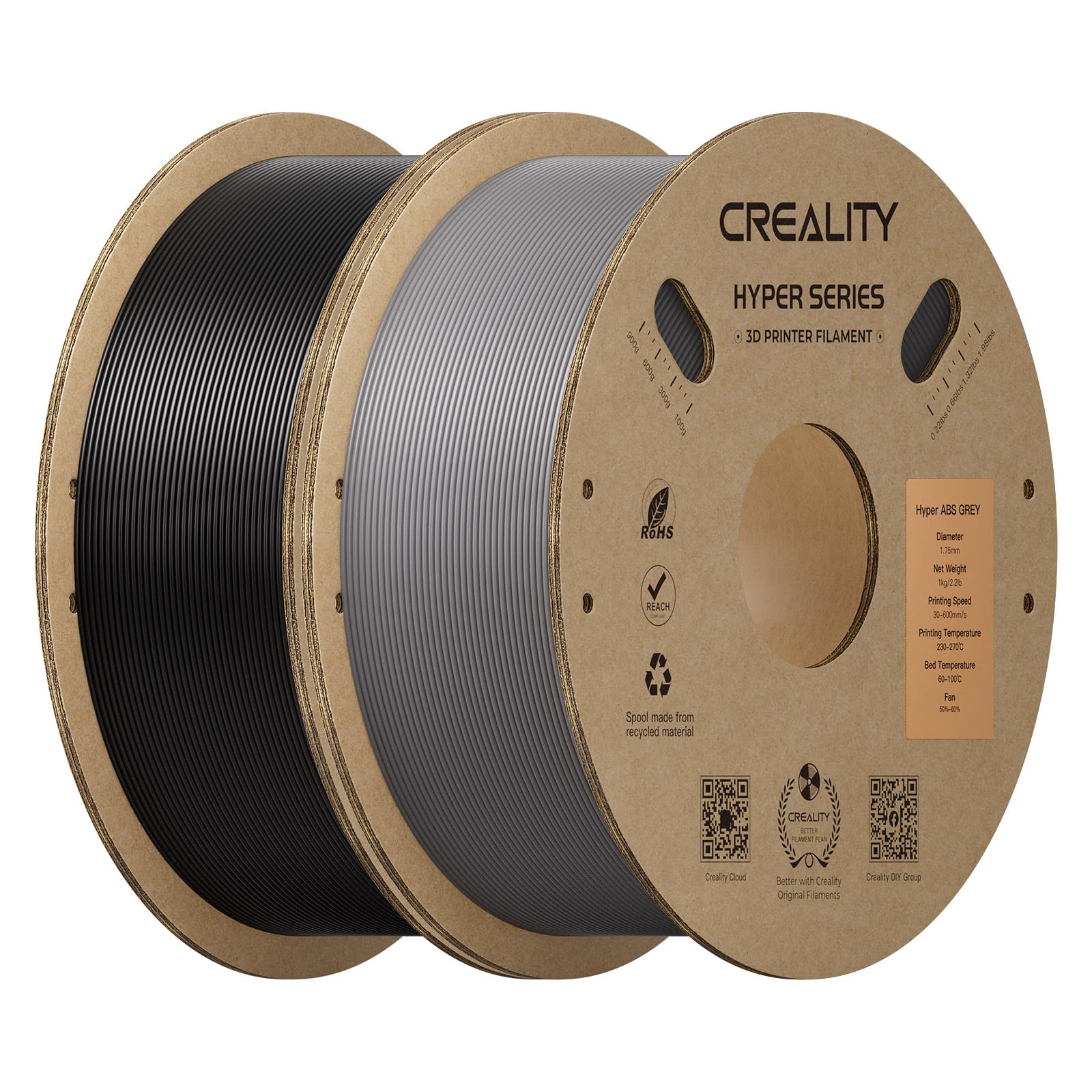 Creality Hyper ABS Filament 1.75mm, Black &amp; Grey, 2-Pack, 2KG