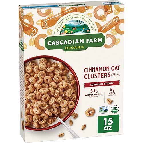 Cascadian Farm Cereal orgánico de avena con canela en racimos de desayuno, hecho con grano entero, sin OMG, 15 onzas