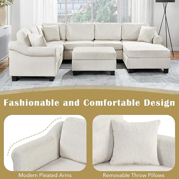 Modern U-Shaped Sectional Sofa, 111.8 Chenille Upholstered Sofa Couch with Movable Storage Ottoman and Pillows for Living Room Office Apartment (White-5.28)