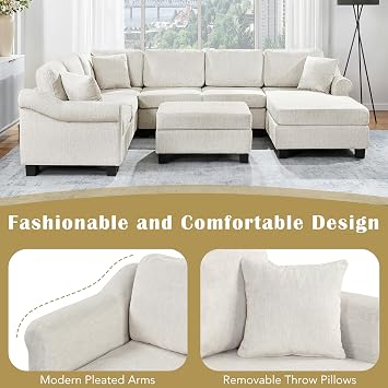 Modern U-Shaped Sectional Sofa, 111.8 Chenille Upholstered Sofa Couch with Movable Storage Ottoman and Pillows for Living Room Office Apartment (White-5.28)