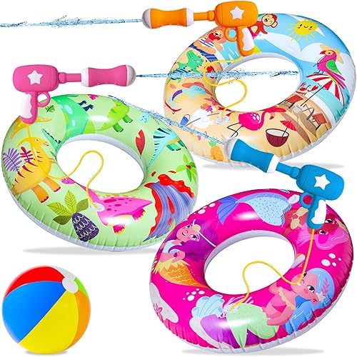 Parentswell Juego de fiesta en la piscina – Anillos inflables de natación para piscina, tubos de piscina con pistolas de agua y pelota de playa,