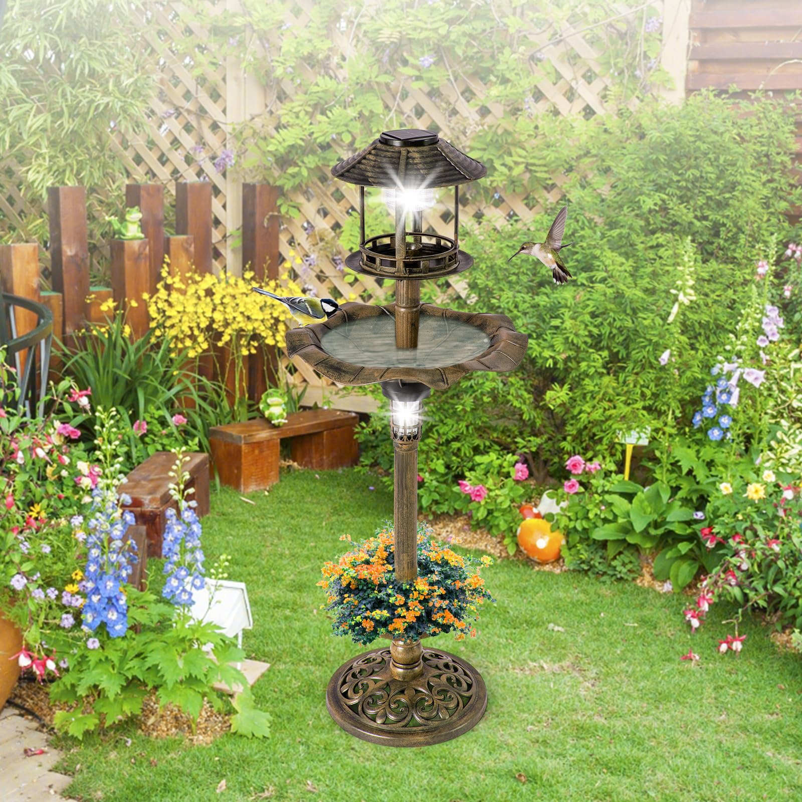 GYMAX Bird Bath and Feeder Station, 4 in 1 Weatherproof Bird Feeding Table with Solar Powered Light, Flower Planter and Fillable Stand, Freestanding Birdbaths for Outdoor Hotel Garden (Antique Bronze)