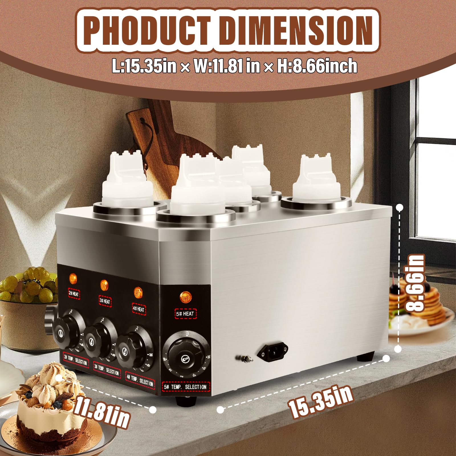 Dispensador eléctrico comercial para calentar salsas, 0.68 x 5 cuartos de galón, chocolate caliente, queso nacho, calentador de 30.0-85.0 °C, con botellas ajustables