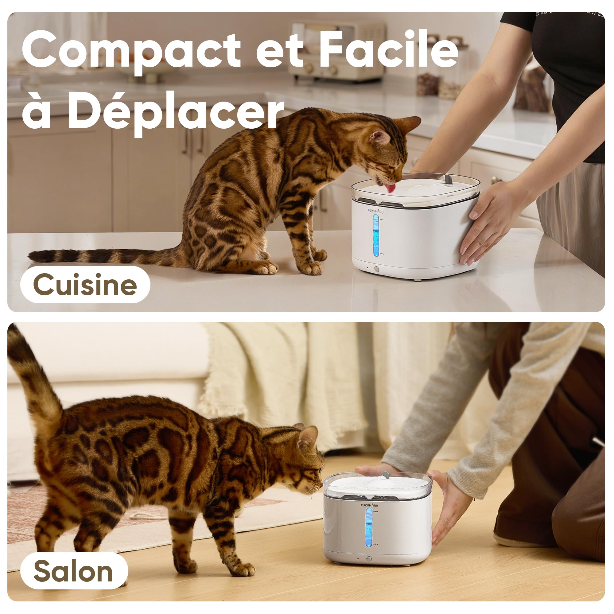 FUKUMARU Fontaine à Eau Chat, 2L Ultra-Silencieuse à Détecteur de Mouvement sur Batterie, Distributeur d'eau Silencieux avec Éclairage LED Intelligent, Abreuvoir Automatique pour Chat