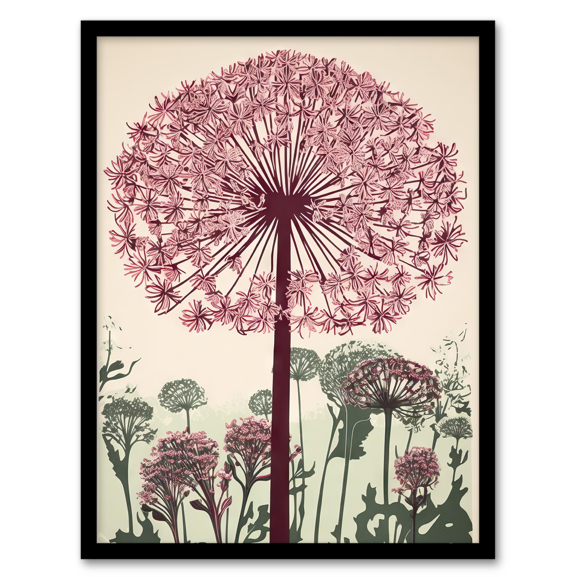 Artery8 Allium Flower Blooms Linocut Painting Pink Green Wildflower Spring Field Nature Colourful Bright Floral Modern Artwork Artwork Framed Wall Art Print A4
