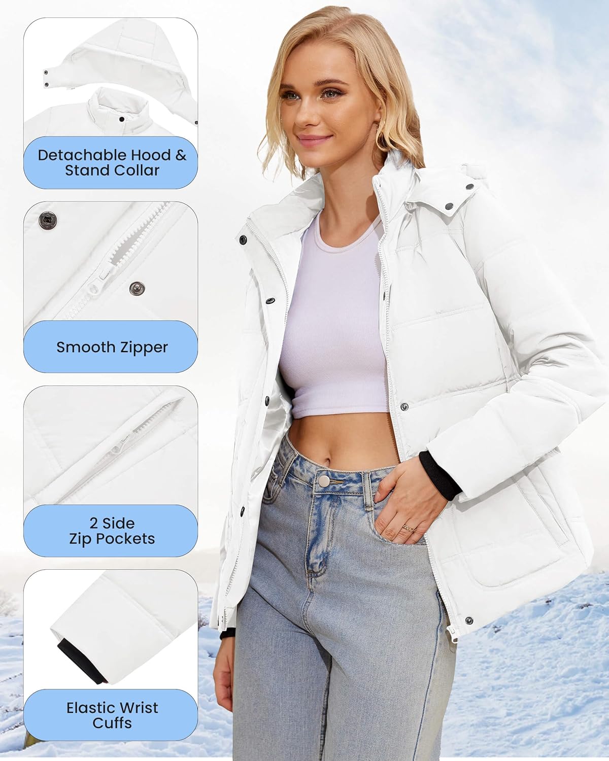 WULFUL Women's Winter Coats Lightweight Warm Thicken Puffer Jacket Waterproof Quilted Winter Jackets with Removable Hood - Image 5