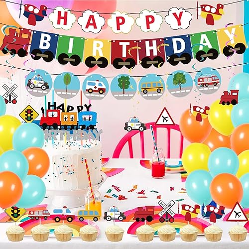 Miniatura 6 de CODOMOR - Juego de 66 piezas de decoración de fiesta de cumpleaños de transporte, suministros para fiesta de cumpleaños, decoración de tartas,