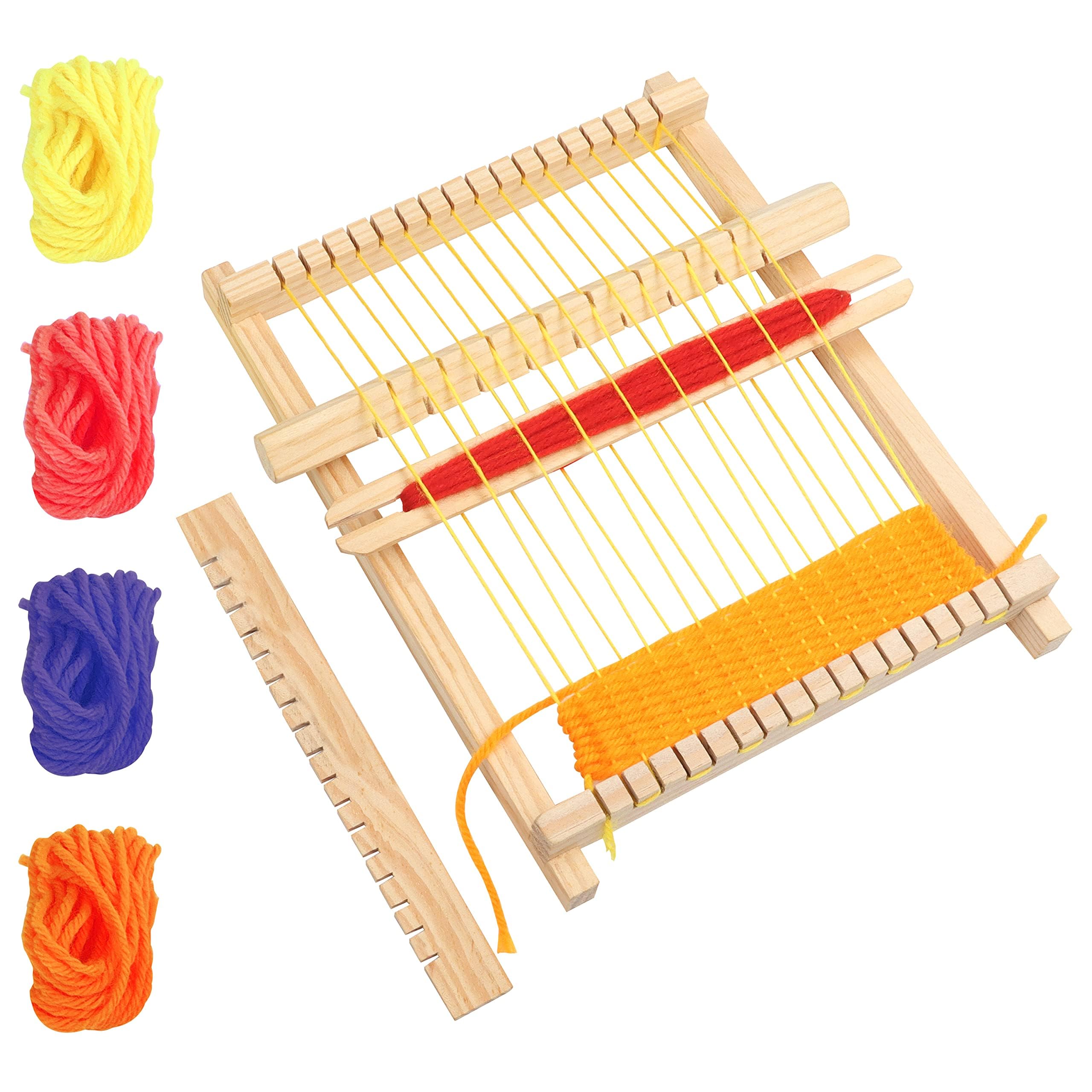 Wooden Weaving Loom - 16.5 x 21.7cm / 6.5 x 8.54 Inches - Large Frame Multi-Craft Lap Hand-Knit Machine - Mixed Yarns, Adjusting Rod, Comb, Shuttle & Nylon Cord - Kit for Beginners