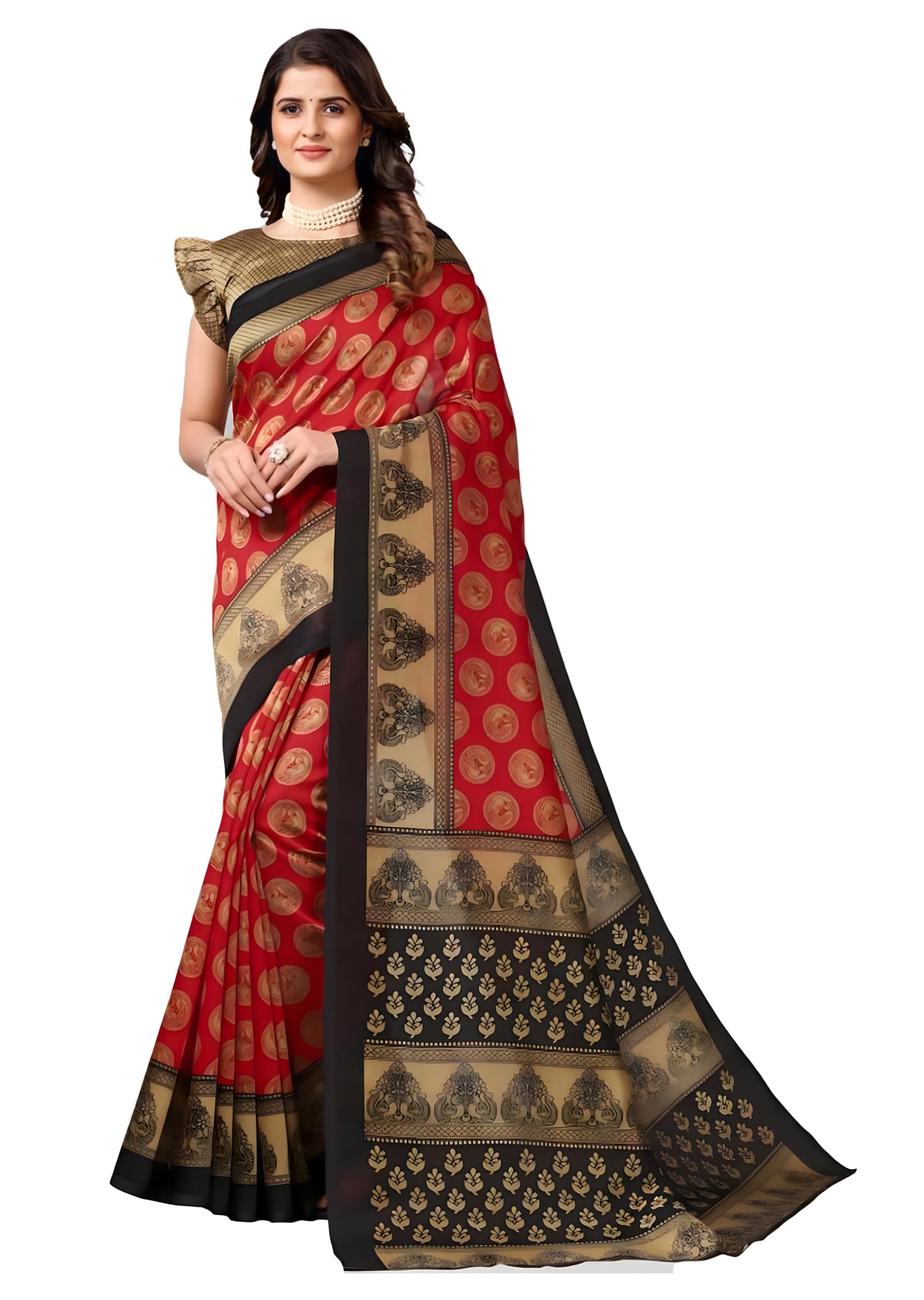ETHNICMODEWomen Soft Light Weight Art Silk Red Saree For Women (Sari) 227