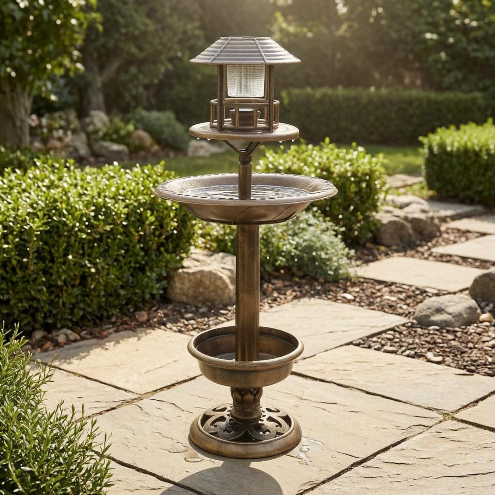 Vogeltränke Freistehend Outdoor Vogelbad Vogeltränke Kombi Klassisches Design mit Laterne Und Led-licht aus für Gärten Rasenflächen Wege, Grün, Antikgrün