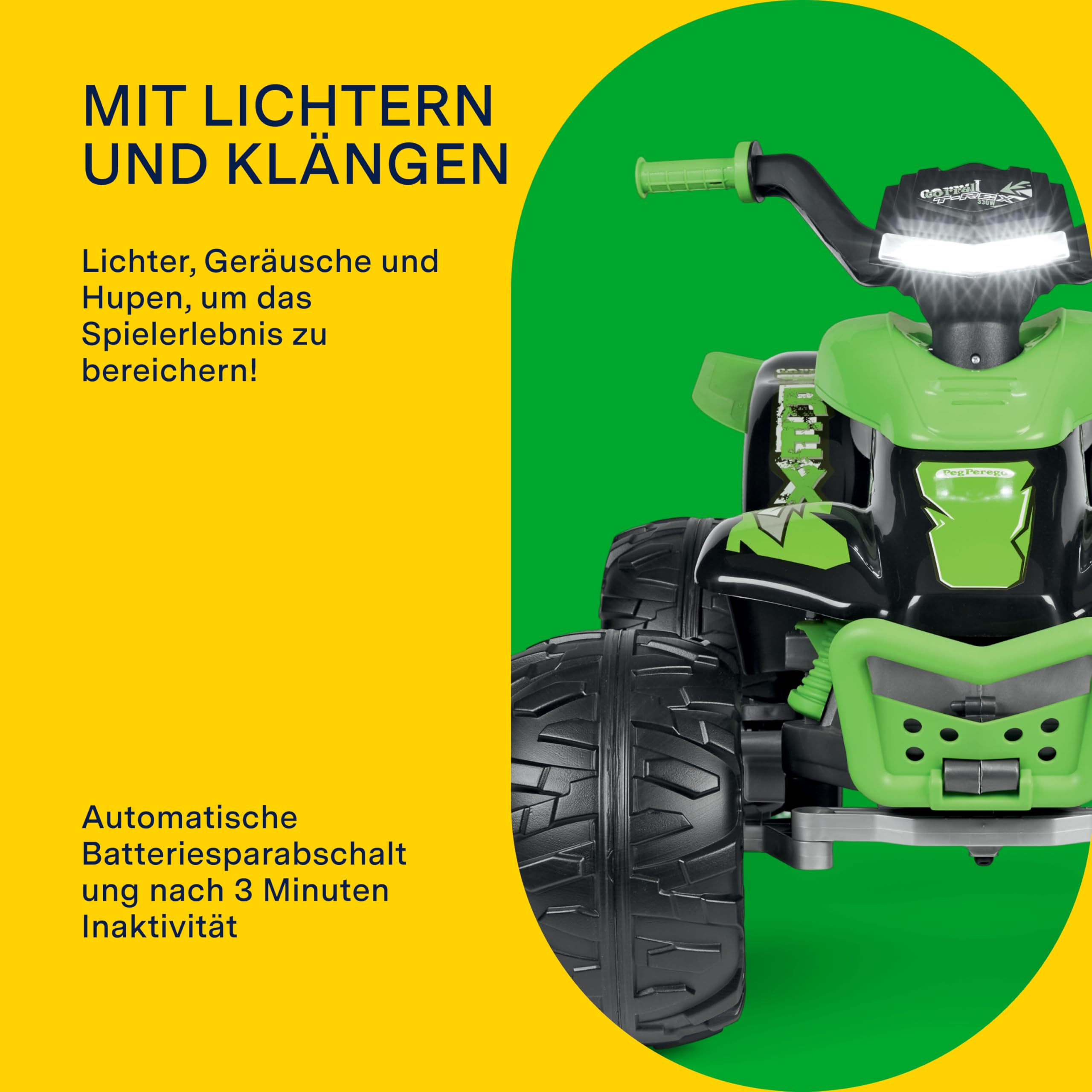 PEG Corral T-Rex 330W Elektrisches Kinderquad für Kinder ab 3 Jahren mit LED-Lichtern, Soundeffekten, 2 Gängen und Rückwärtsgang, 12V Akku