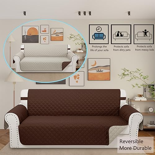 Miniatura 2 de Funda para sofá reversible extragrande, protector de muebles con correas elásticas, resistente al agua, para perros (Sofá XL, marrónbeige)