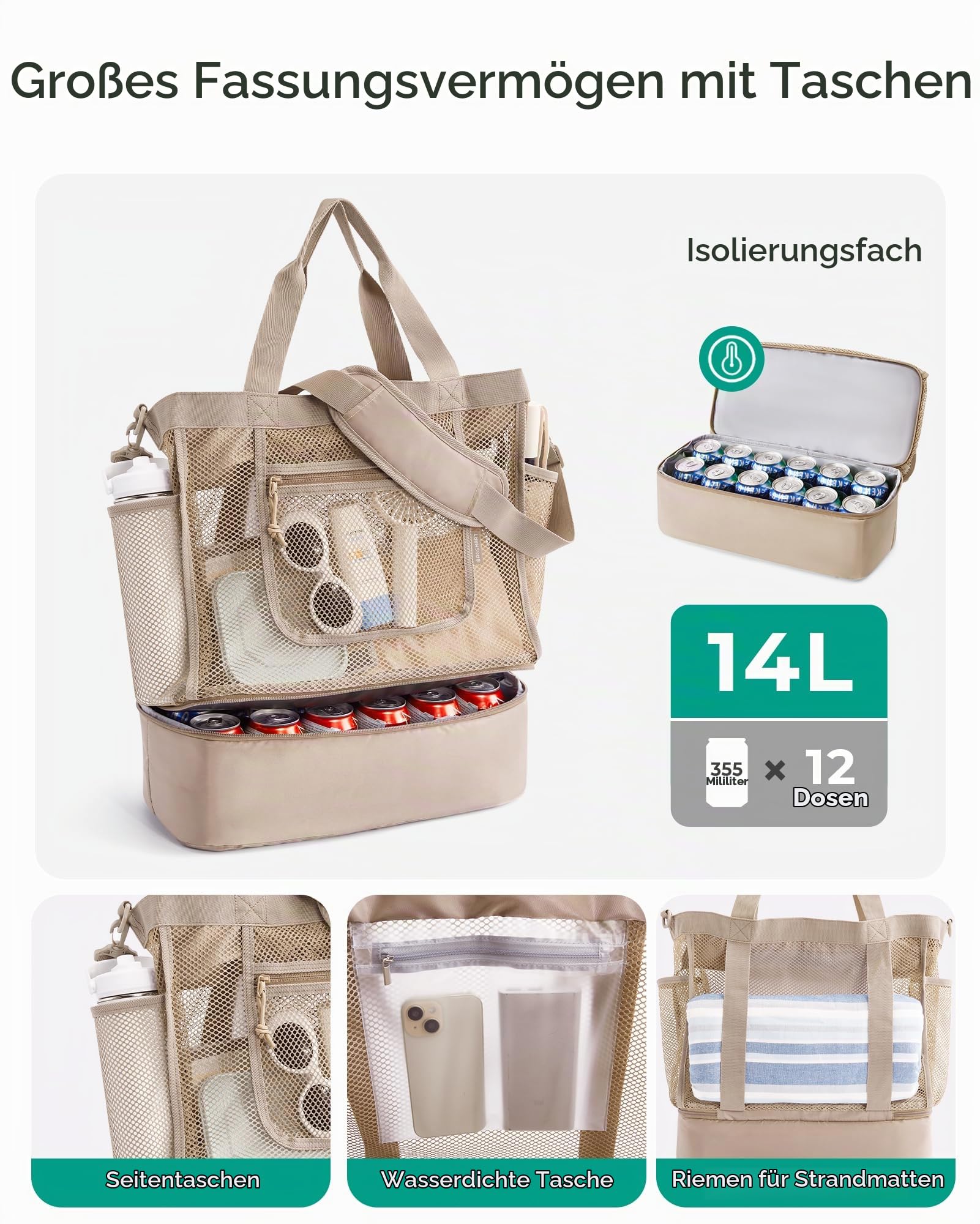 bagsmart Shopper Tasche Damen Strandtasche Groß, Netz Handtasche Beach Bag mit Kühlfach, Wasserdichter Urlaubstasche Badetasche mit Reißverschluss für Schwimmbad Kreuzfahrt Shopping