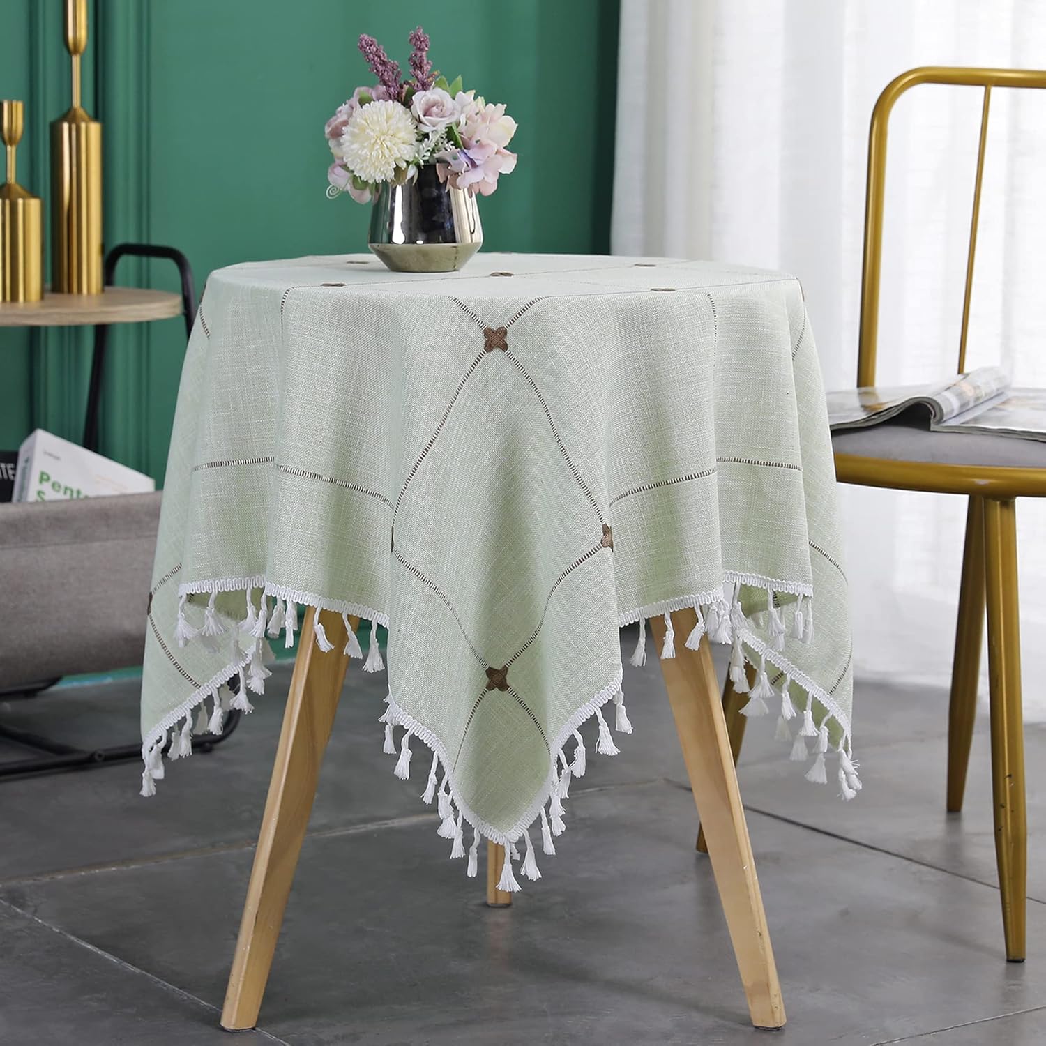 Embroidery Lattice Small Square Tablecloth with Tassel