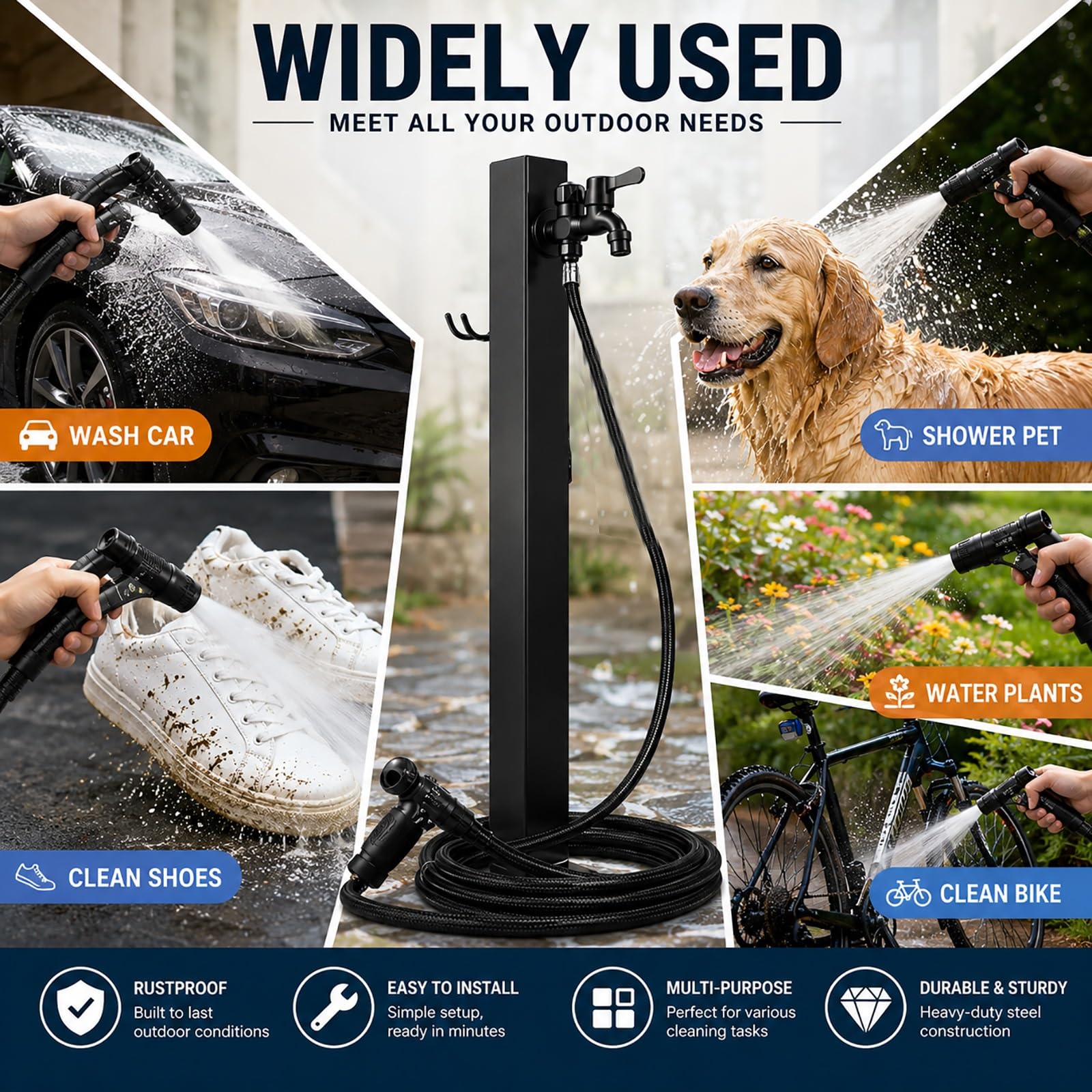 Colonnina Acqua da Giardino con Rubinetti a Doppia Uscita, Fontana da Giardino Esterno con Pistola a Spruzzo e Porta Tubo, Rubinetto Indipendente per Vasca da Giardino