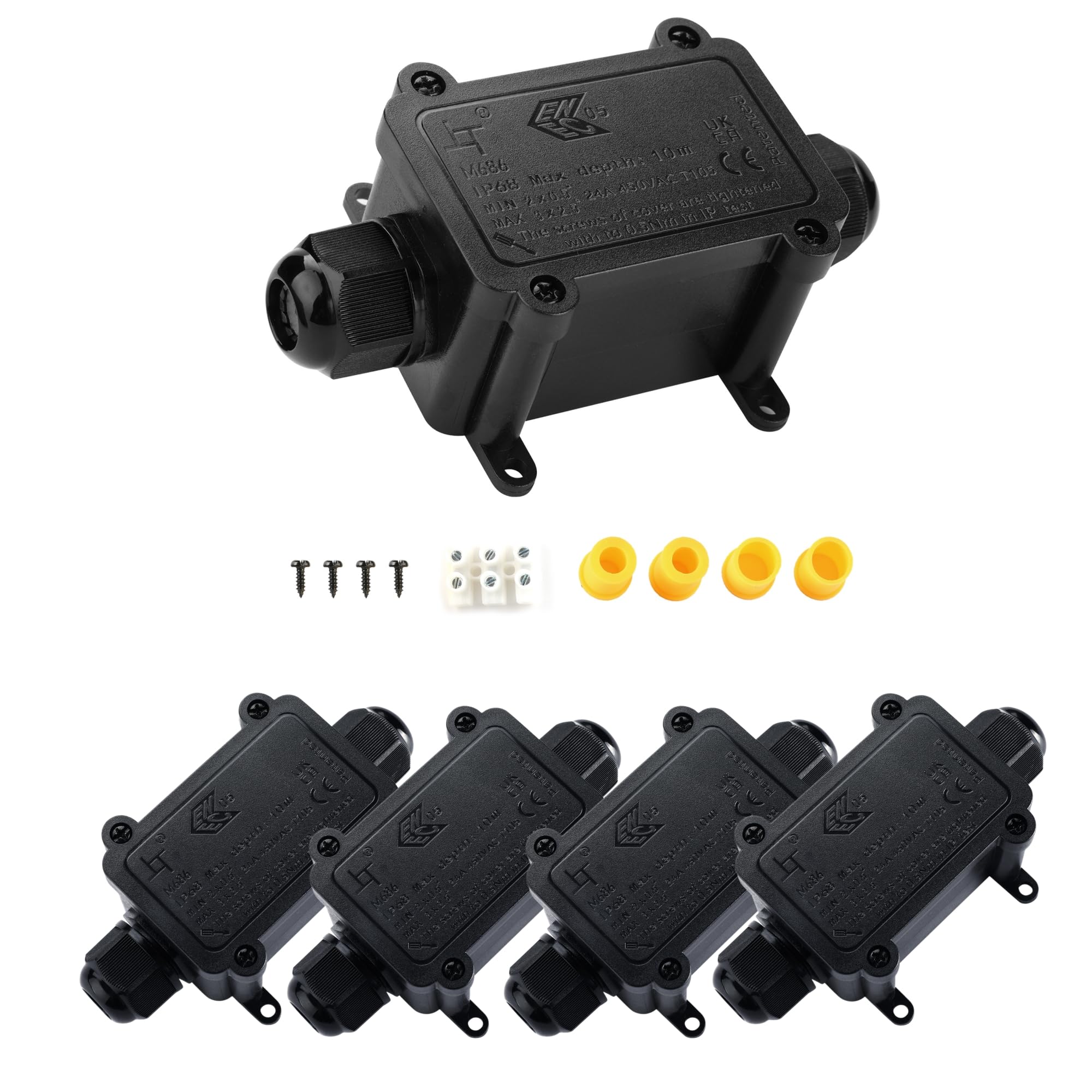 Tynoscco IP68 Waterproof Junction Box Outdoor,2-Way Electrical Splice Box Outdoor with 3Cable M20 Gland Wire Connector Extension Electrical Cable Protector for Diameter Cable Ø4-12mm Black