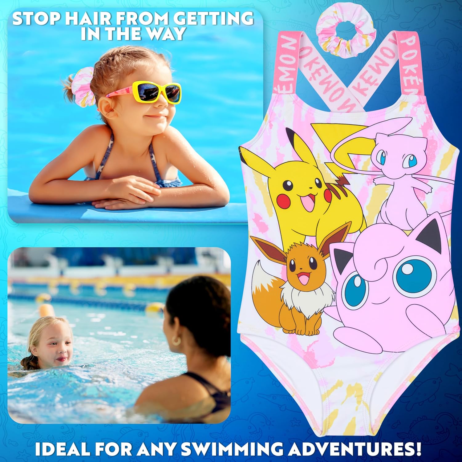 Pokemon Swimsuit with Hair Accessories for Girls Teens Bathing Suit Pool Beach Holidays
