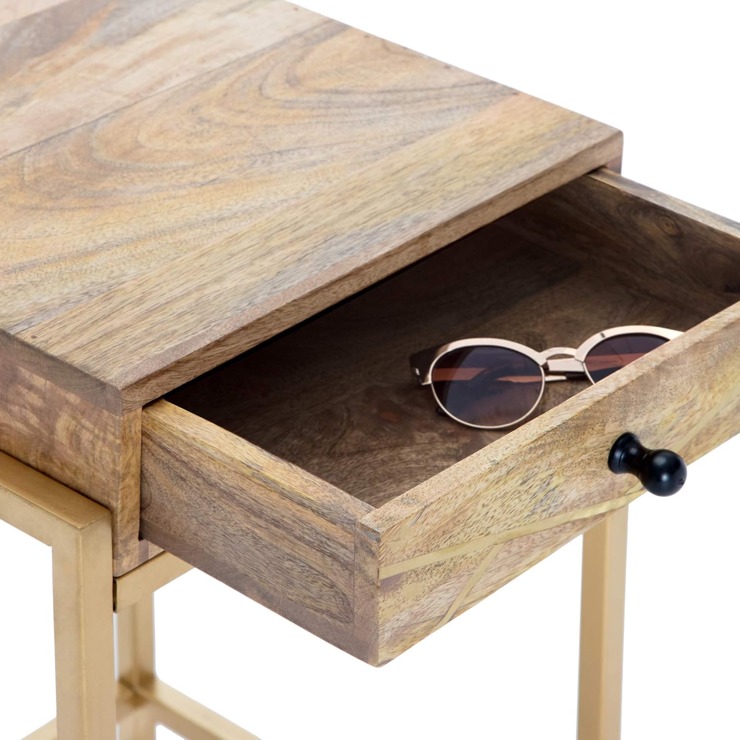 Sidney Beige Mango Wood and Gold Metal Storage Side Table