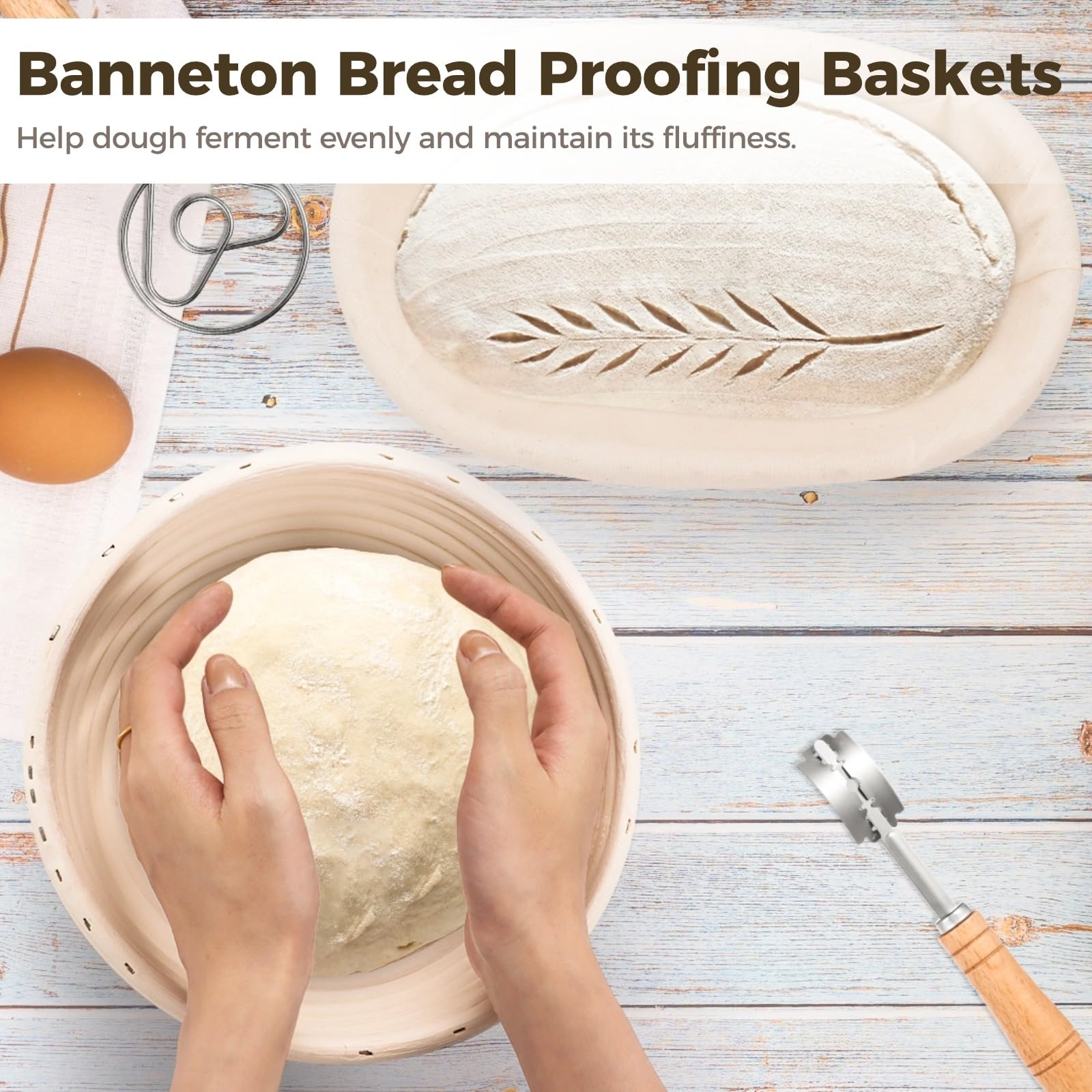 Banneton Brot Gärkörbe Set, 9 Zoll runder und 10 Zoll ovaler Backkorb mit Bäckerlame, dänischem Schneebesen, Teigschabern, Sieb und Reinigungsbürste, Sauerteig Werkzeugset, Brotbackwerkzeuge