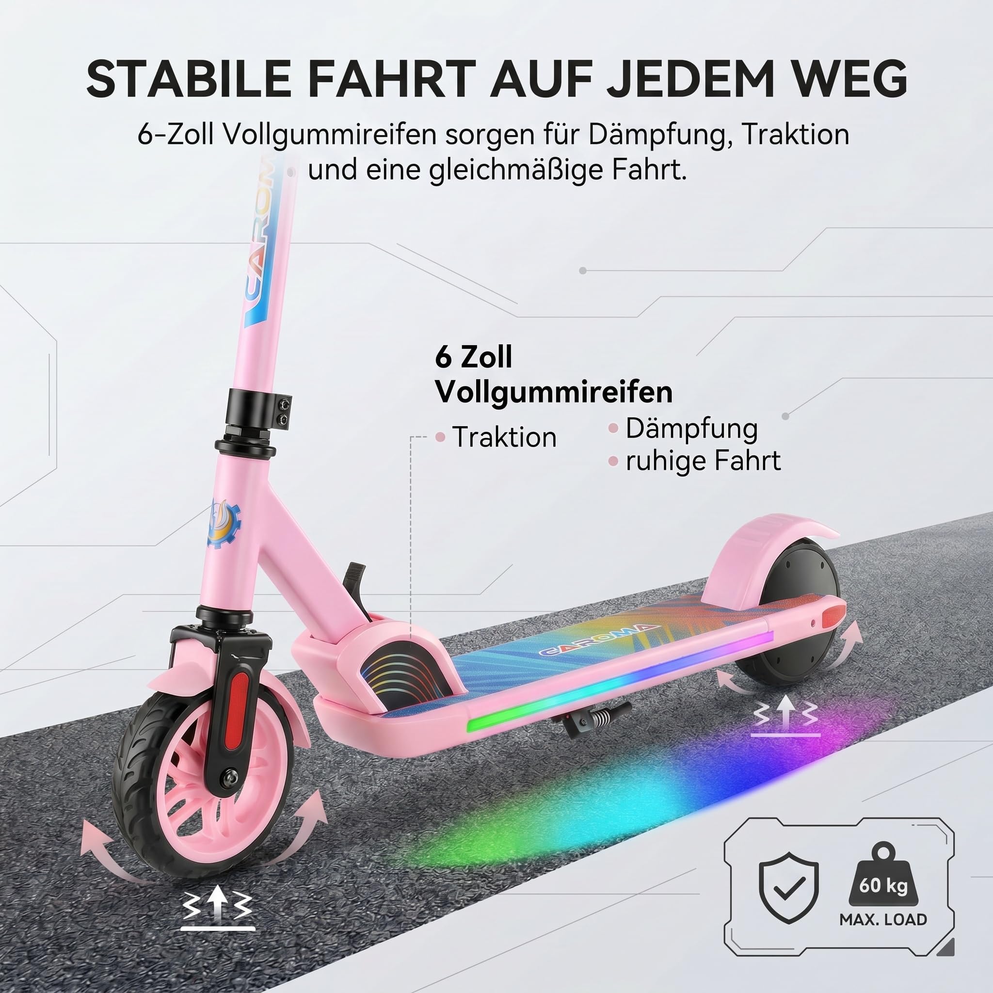 Caroma Patinete eléctrico para niños de 6 a 12 años, Motor de 150 W hasta 16 km/h, Alcance de 12 km, Patinete eléctrico Plegable con Luces Coloridas y Pantalla LED, Velocidad y Altura Ajustables