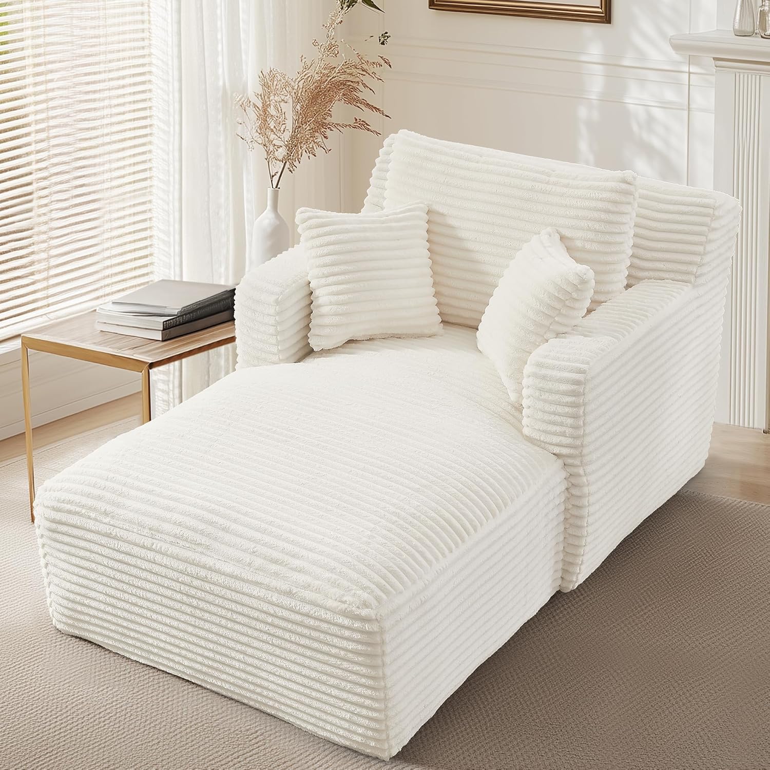 Oversized Chaise Lounge Chair Indoor, Modern Corduroy Lounge Couch, Comfy Upholstered Sleeper Sofa with Throw Pillows, Fluffy Reading Chair Bed for Living Room, Beige 66.1 inch Beige