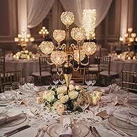 Vista 2 de Centros de mesa de candelabro para mesa, portavelas para centros de mesa, portavelas de cristal alto de 7 brazos, centro de mesa dorado para mesa