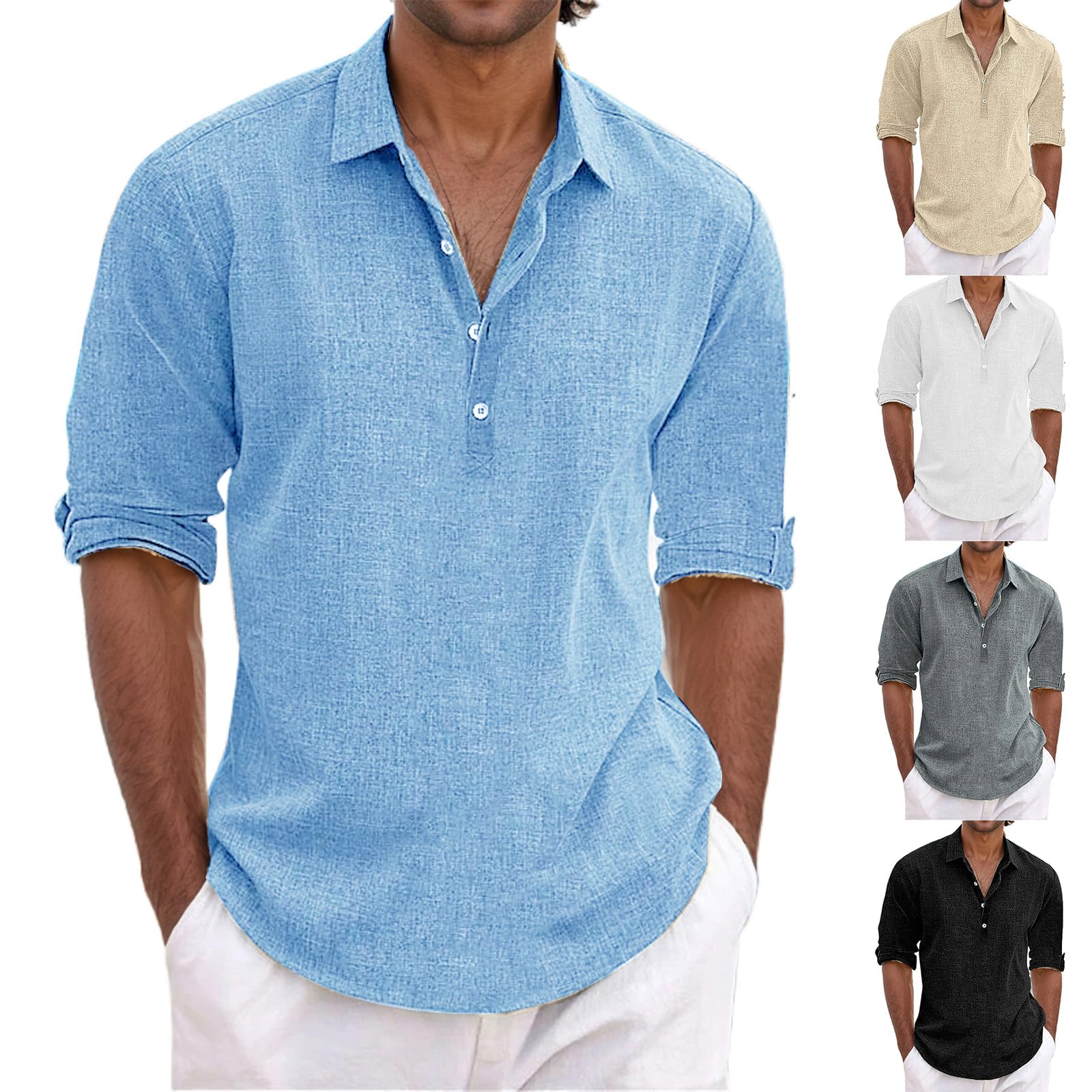 Men's Linen Shirt Long Sleeve Button Down Shirt Casual Cotton Linen Hawaiian T-Shirt for Men Solid Color Lapel Tops