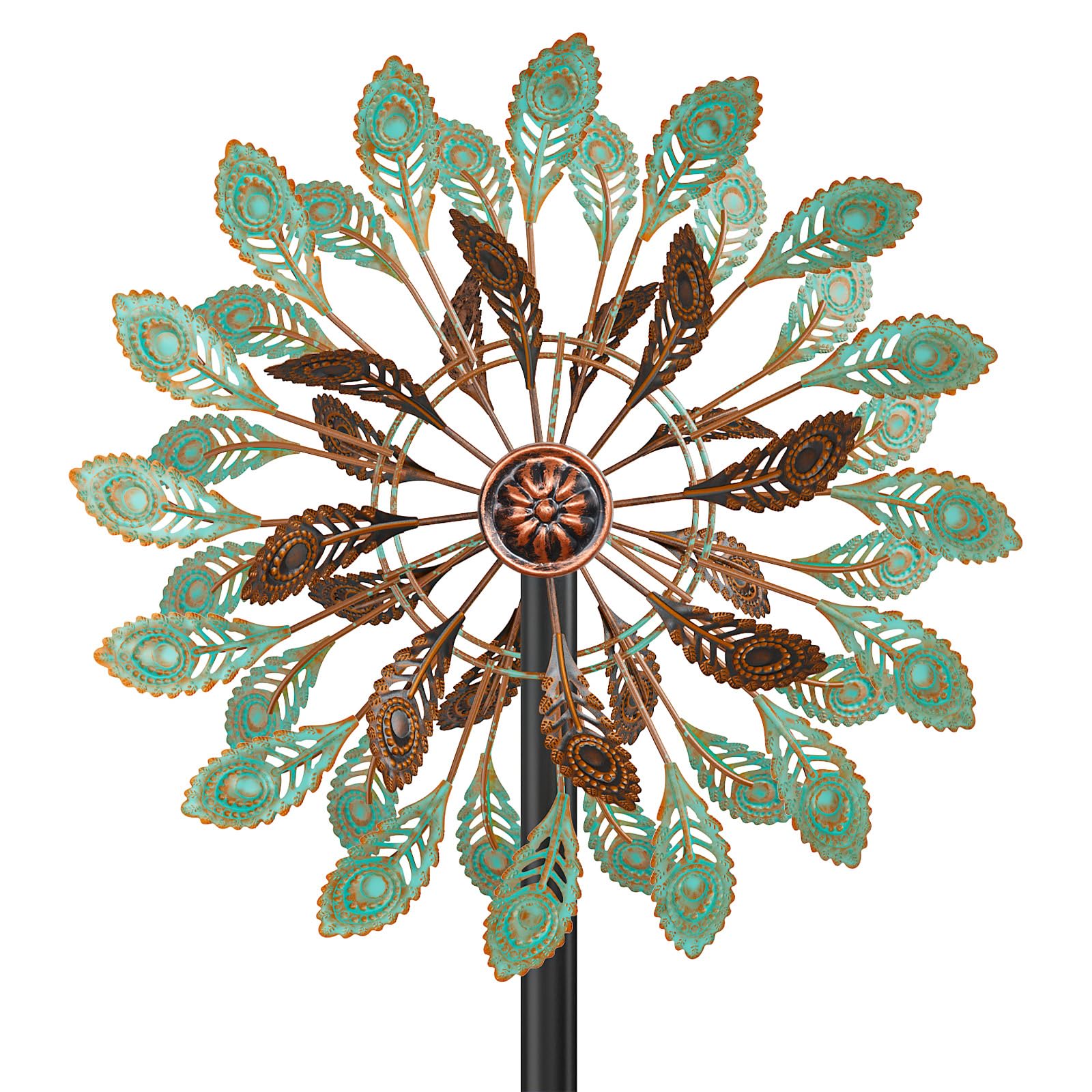 Metall Windrad Garten Dekoration in Retro-Farben - Windspiele für Garten, Rasen und Terrasse, Windskulptur Spinner mit Metallpfahl (Vintage Federn)