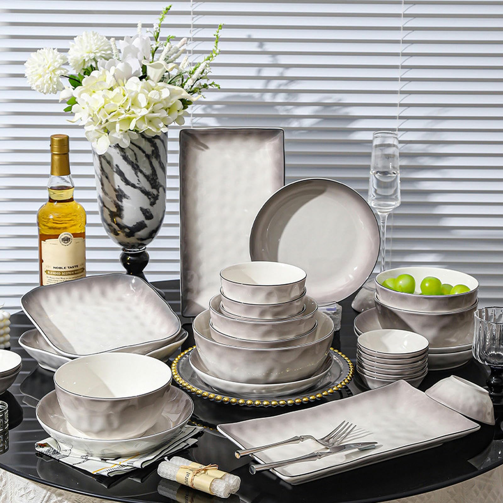 Juego de cuencos y platos de cerámica simple y personalizado, juego de platos y cuencos para restaurante en casa, plato cuadrado exprimido a mano de 8 pulgadas, cambio gradual gris, 4 paquetes