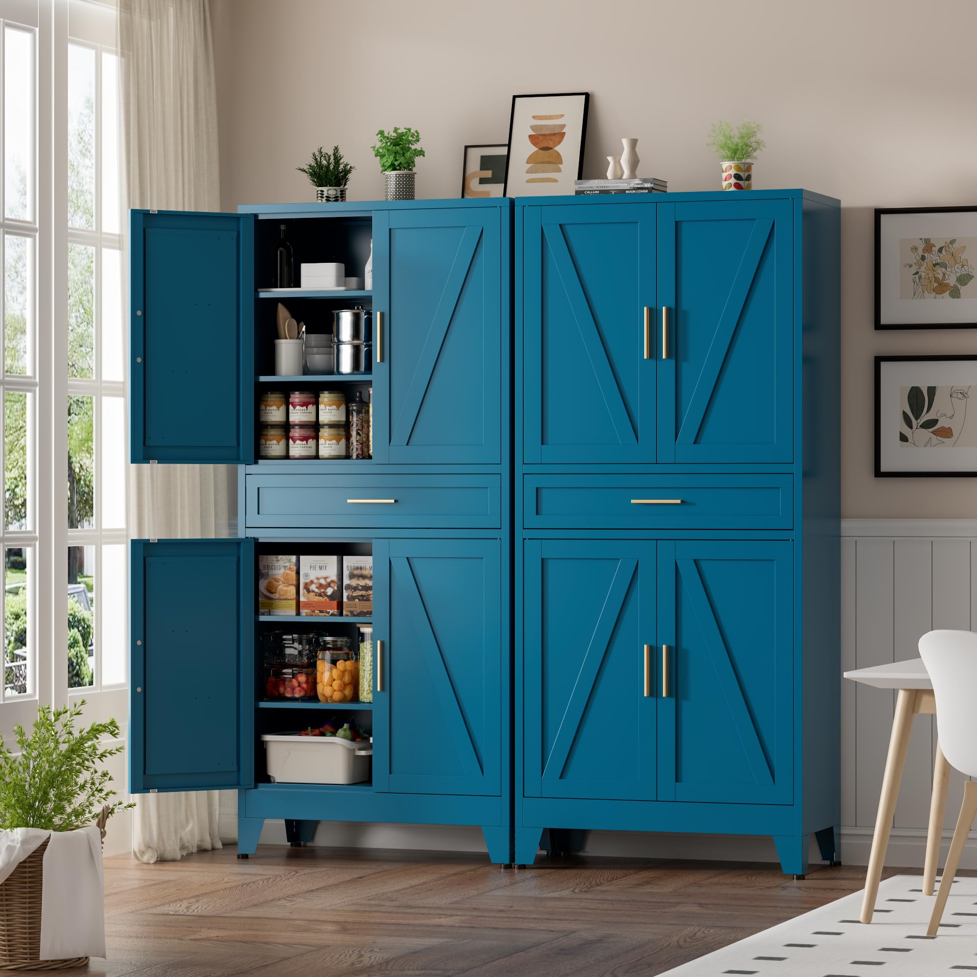 XIOMIOHTRQ Metal Storage Cabinet with Drawer, 71" Tall Storage Cabinets with Adjustable Shelves,Blue Farmhouse Freestanding Kitchen Pantry Cabinet for