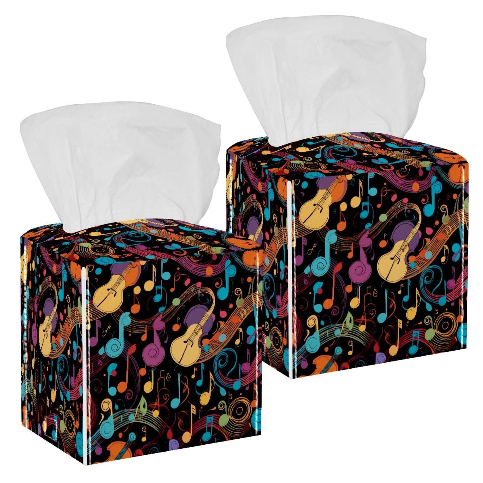 Colorful Music Notes Tissue Box Cover, 2 Pack PU Leather Square Facial Tissue Dispenser Box holder for Home Office Car