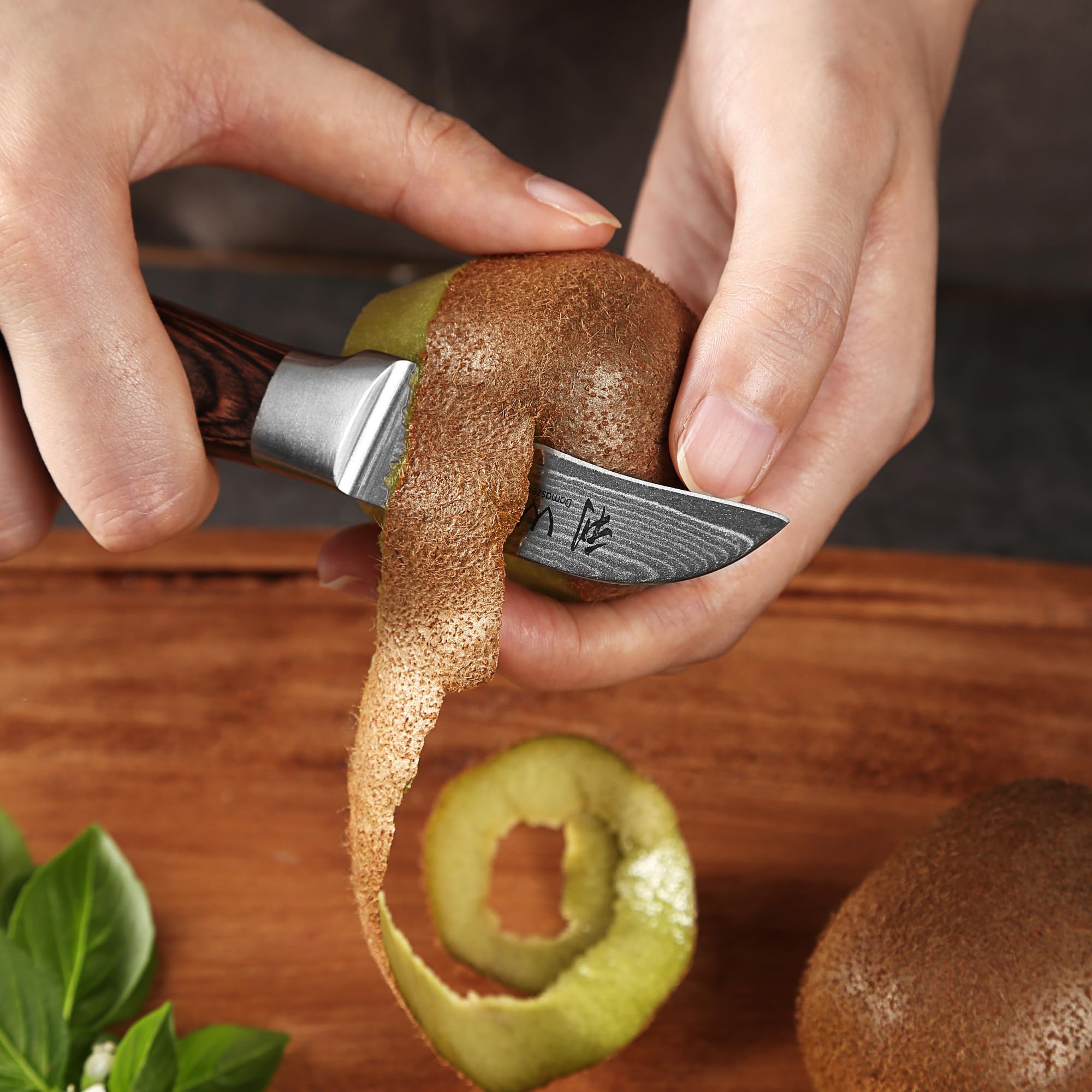 Wakoli Edib Couteau à éplucher en Damas I Lame tranchante de 6,2 cm en acier damassé à 67 couches avec noyau VG10 et manche en bois de pakka I Couteau de cuisine professionnel & couteau damassé