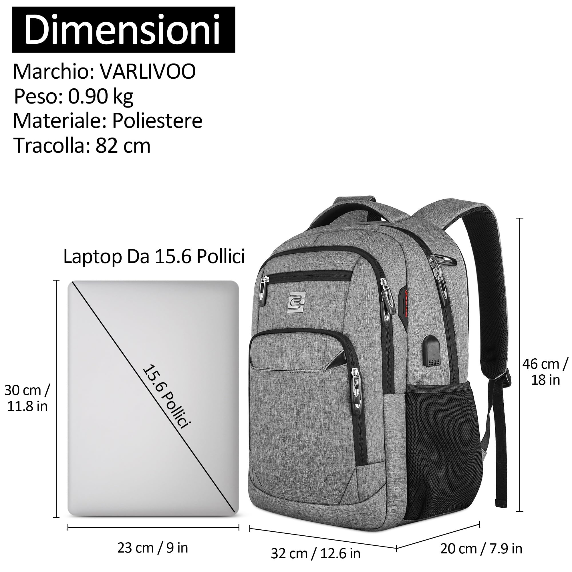 VARLIVOO Uomo Zaino USB Port Donna Zainetto 15,6" Laptop Uomo Borse Alta Capacità Lavoro Viaggio Scuola Impermeabile Polyester Grigio Chiaro